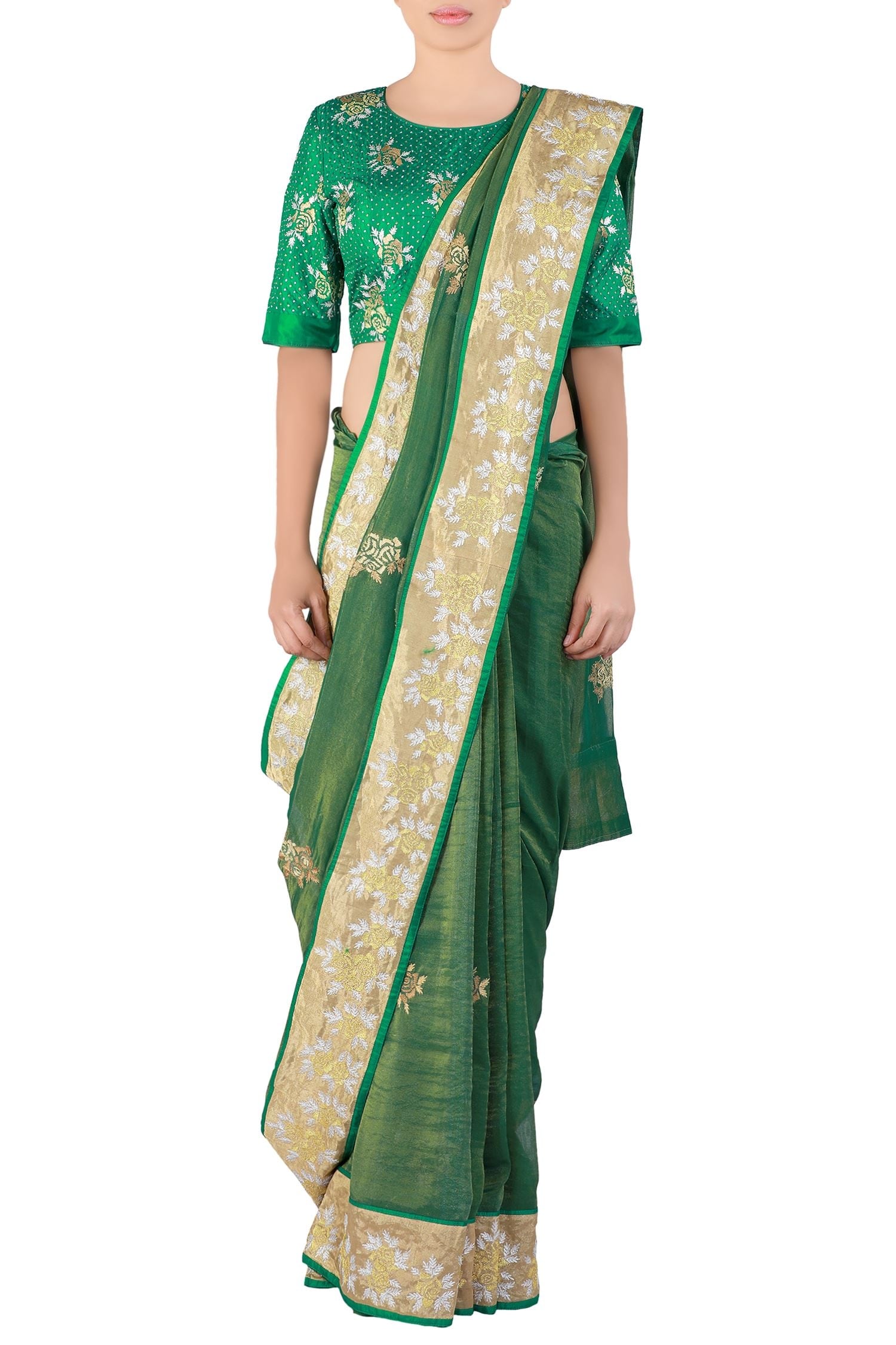 Latha Puttanna Green Embroidered Tissue Saree With Blouse For Women