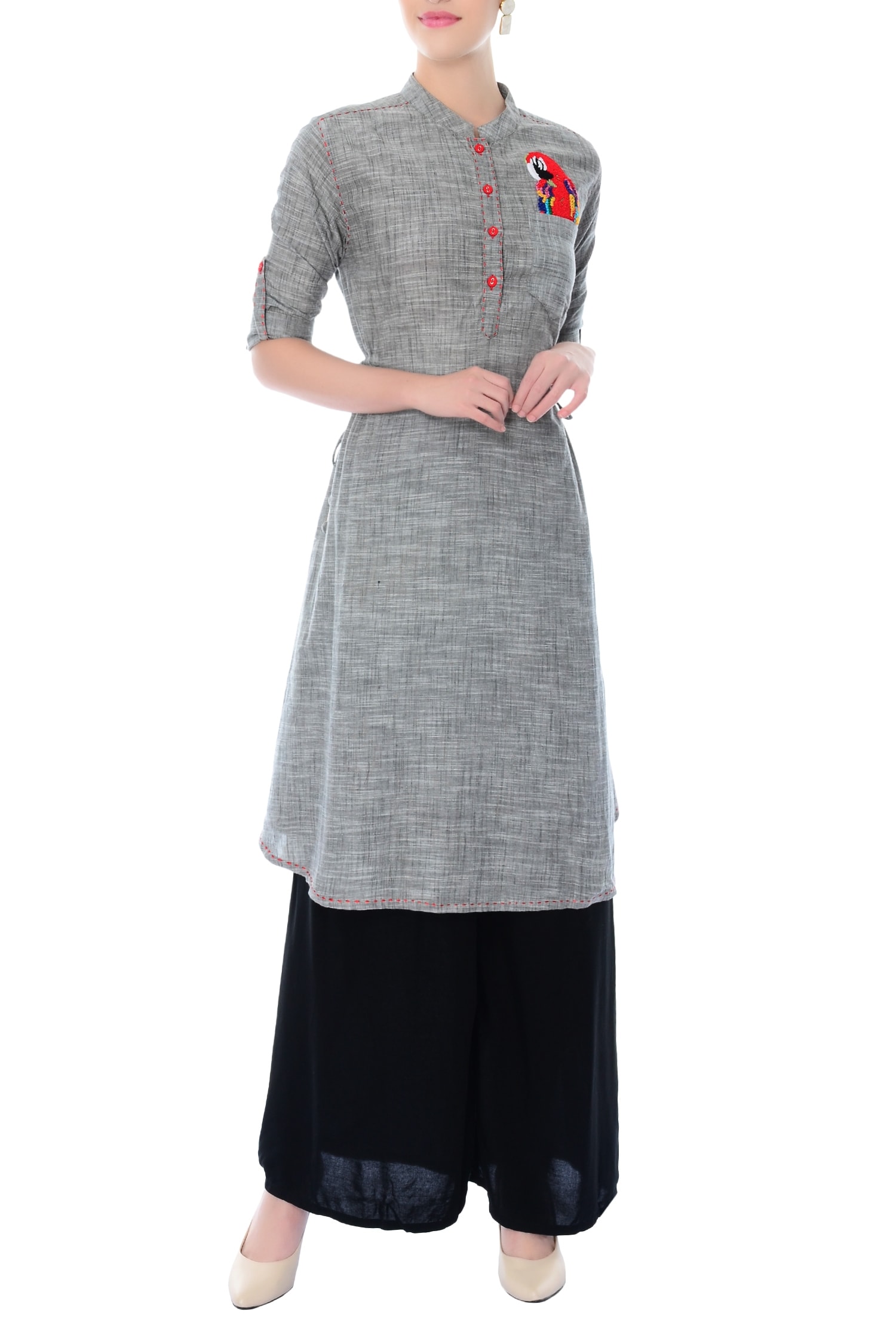 Surendri Grey Band Collar Embroidered Tunic For Women