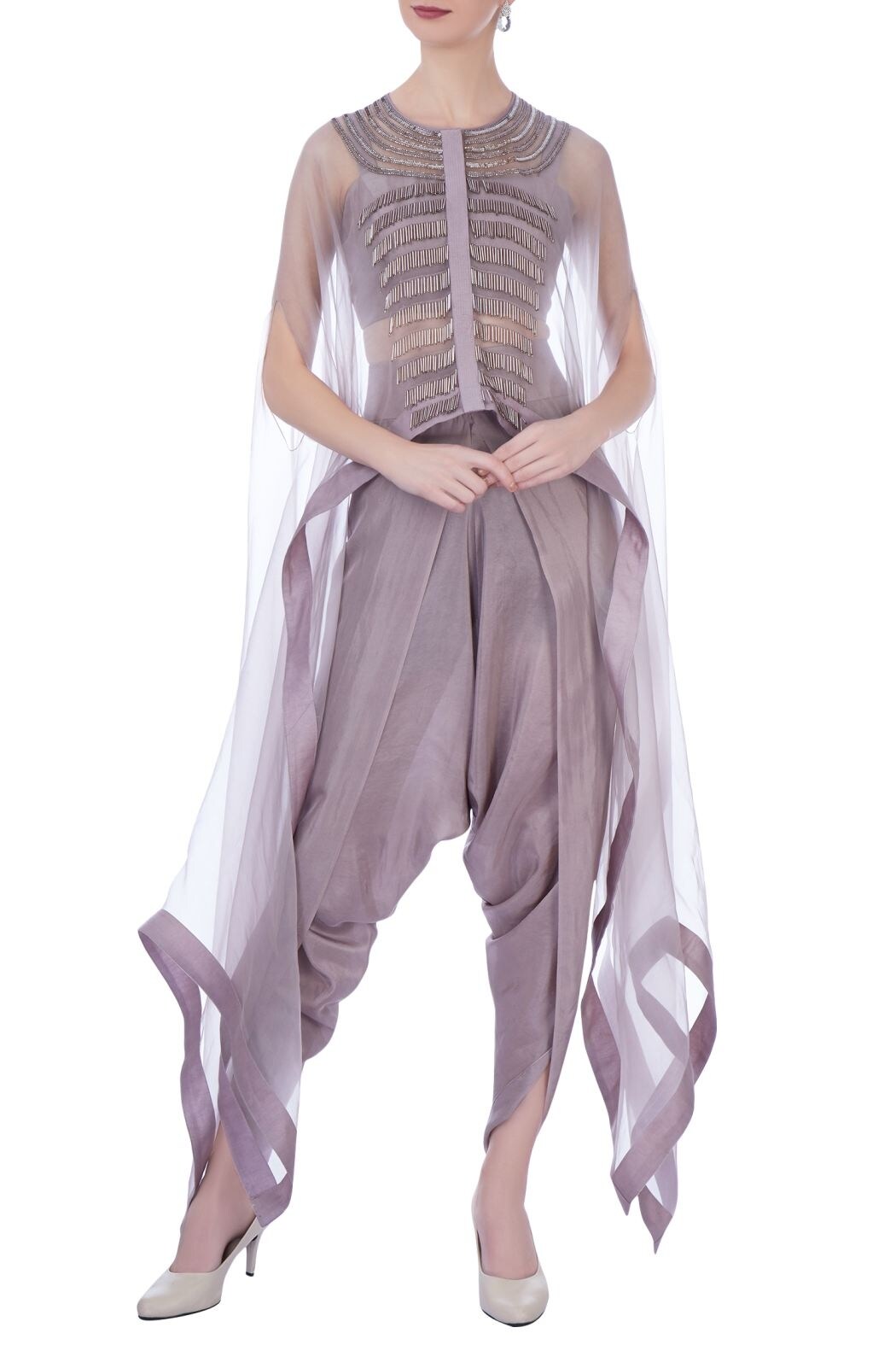 Maison Blu Purple Organza Embellished Cape: Front-knot Silk And Dhoti Pants Set For Women