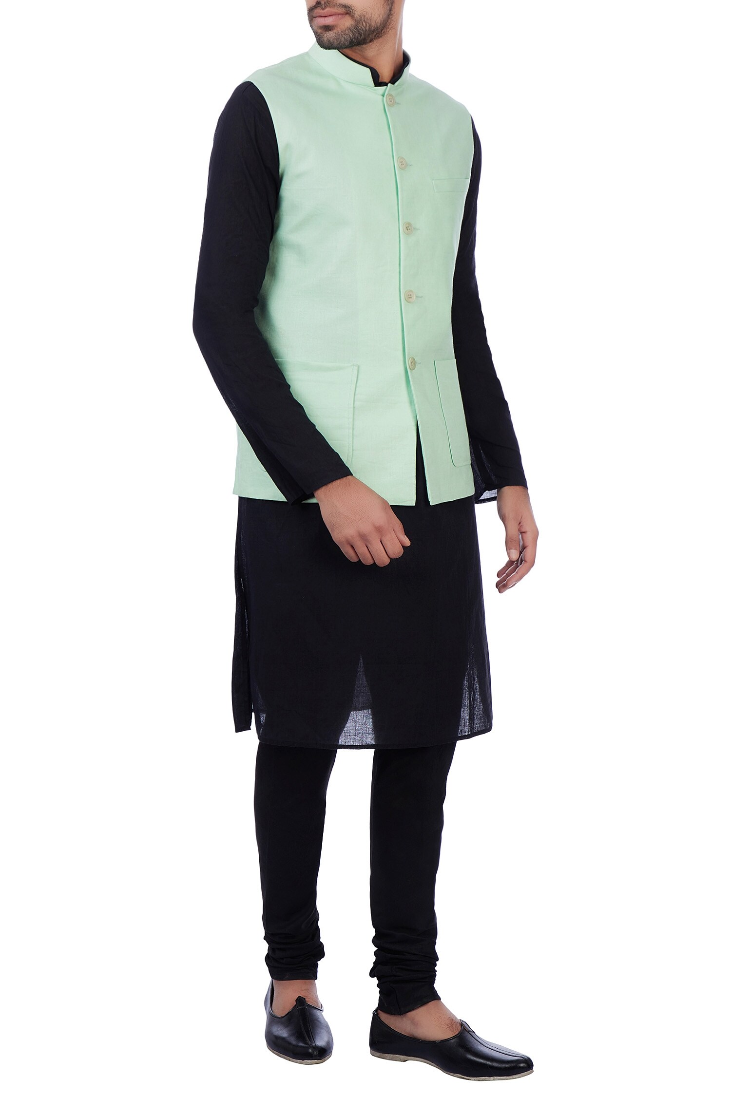 Buy Mint green linen front pocket nehru jacket by Sadan Pande Men at