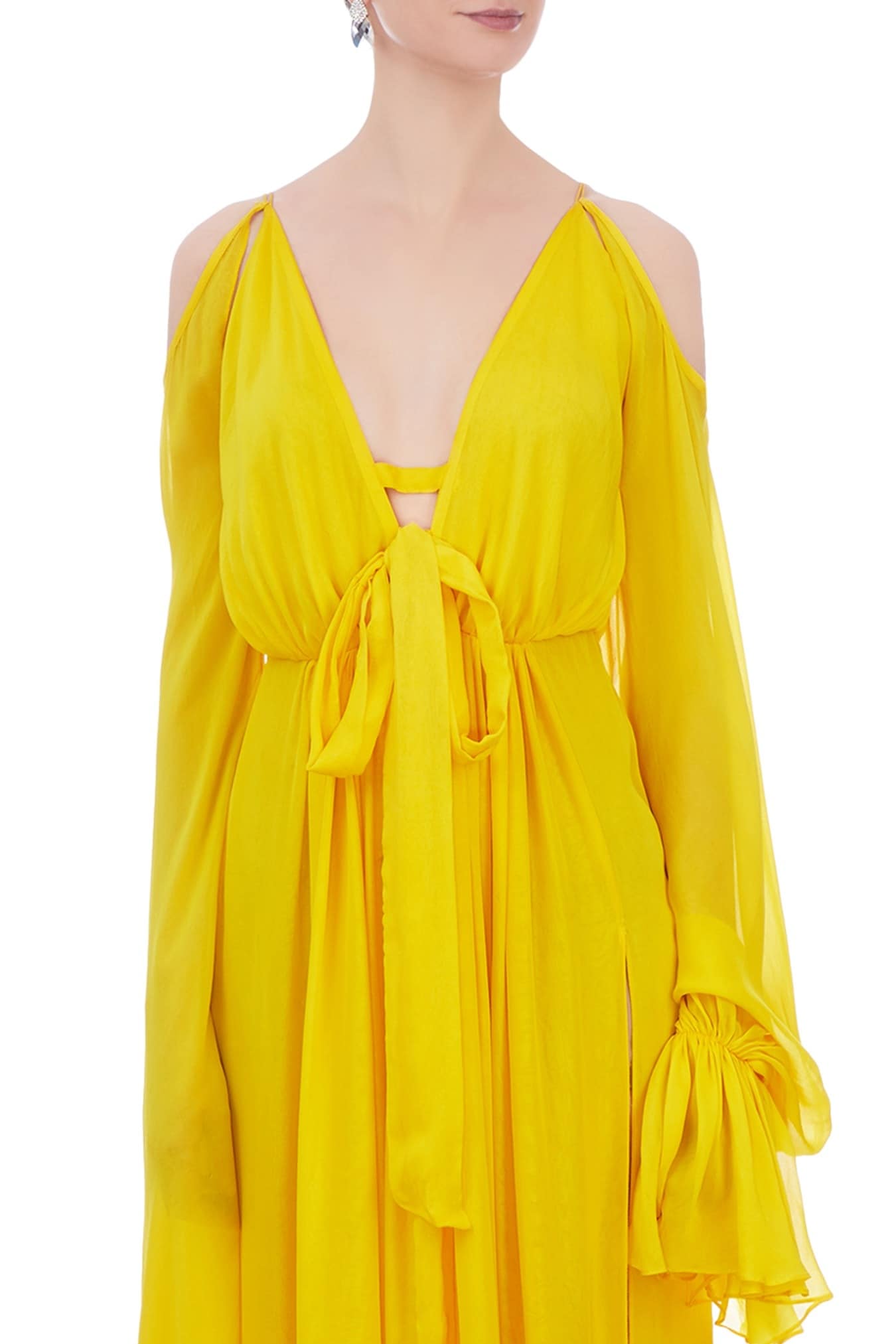 Buy Deme by Gabriella Yellow Cold Shoulder Dress Online | Aza Fashions
