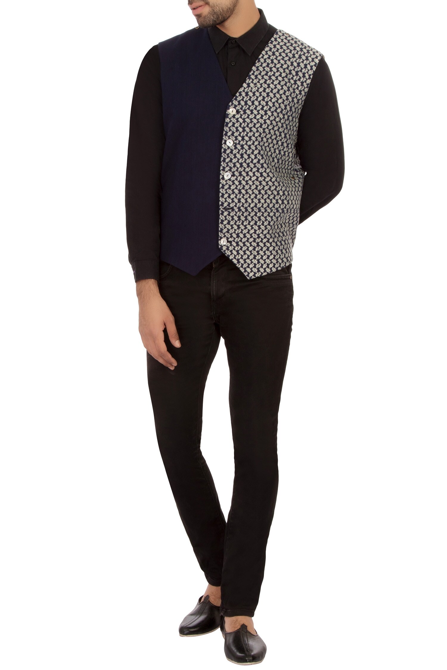 Buy Fahd Khatri Navy Blue Dual Patterned Cotton Waistcoat Online Aza