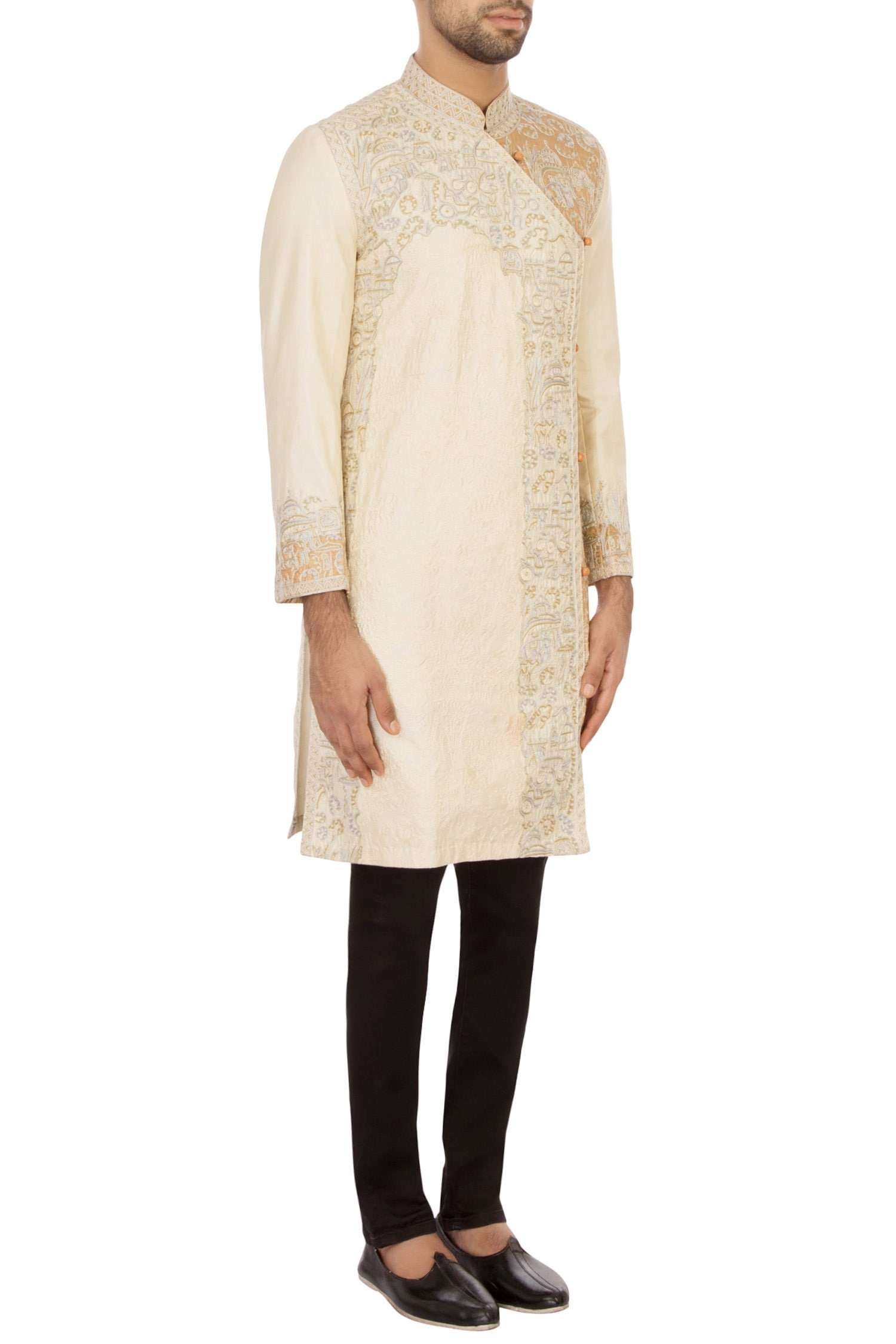 Buy Off white garad tussar silk embroidered angrakha kurta set by ...