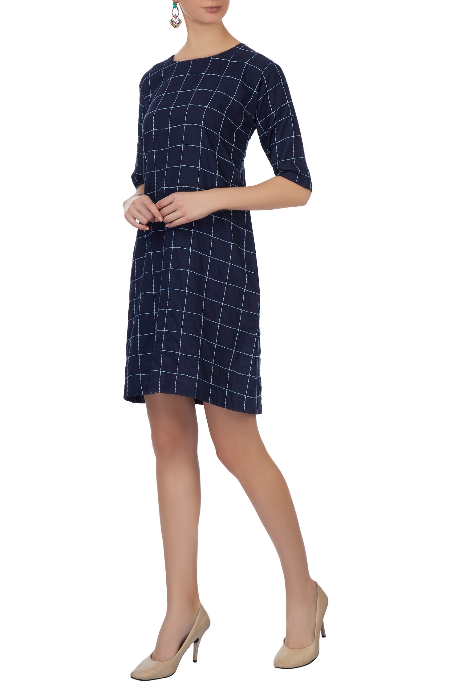 Chambray & Co. Blue Linen Printed Checks Round Chequered Dress For Women