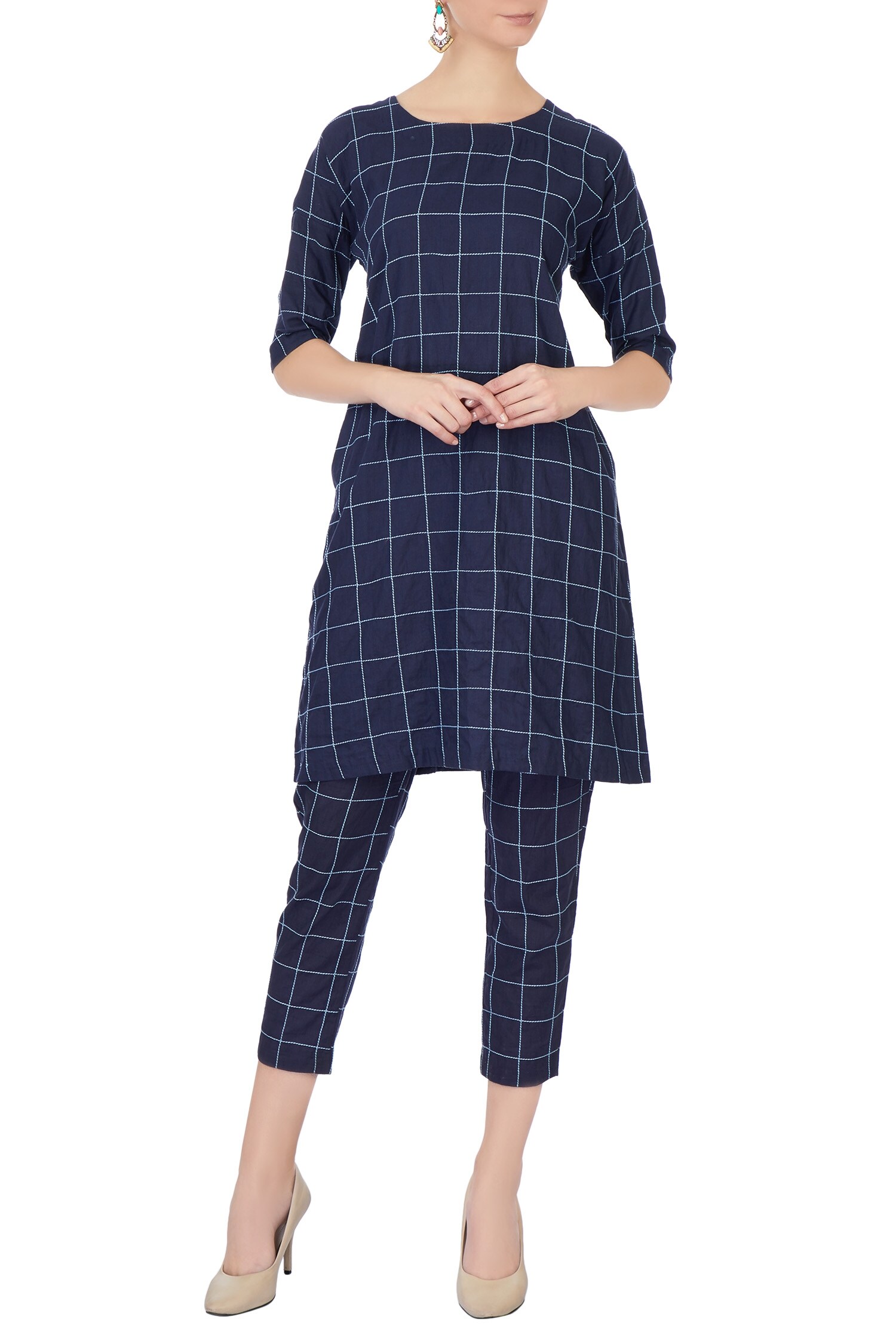 Chambray & Co. Blue Linen Chequered Cigarette Pant