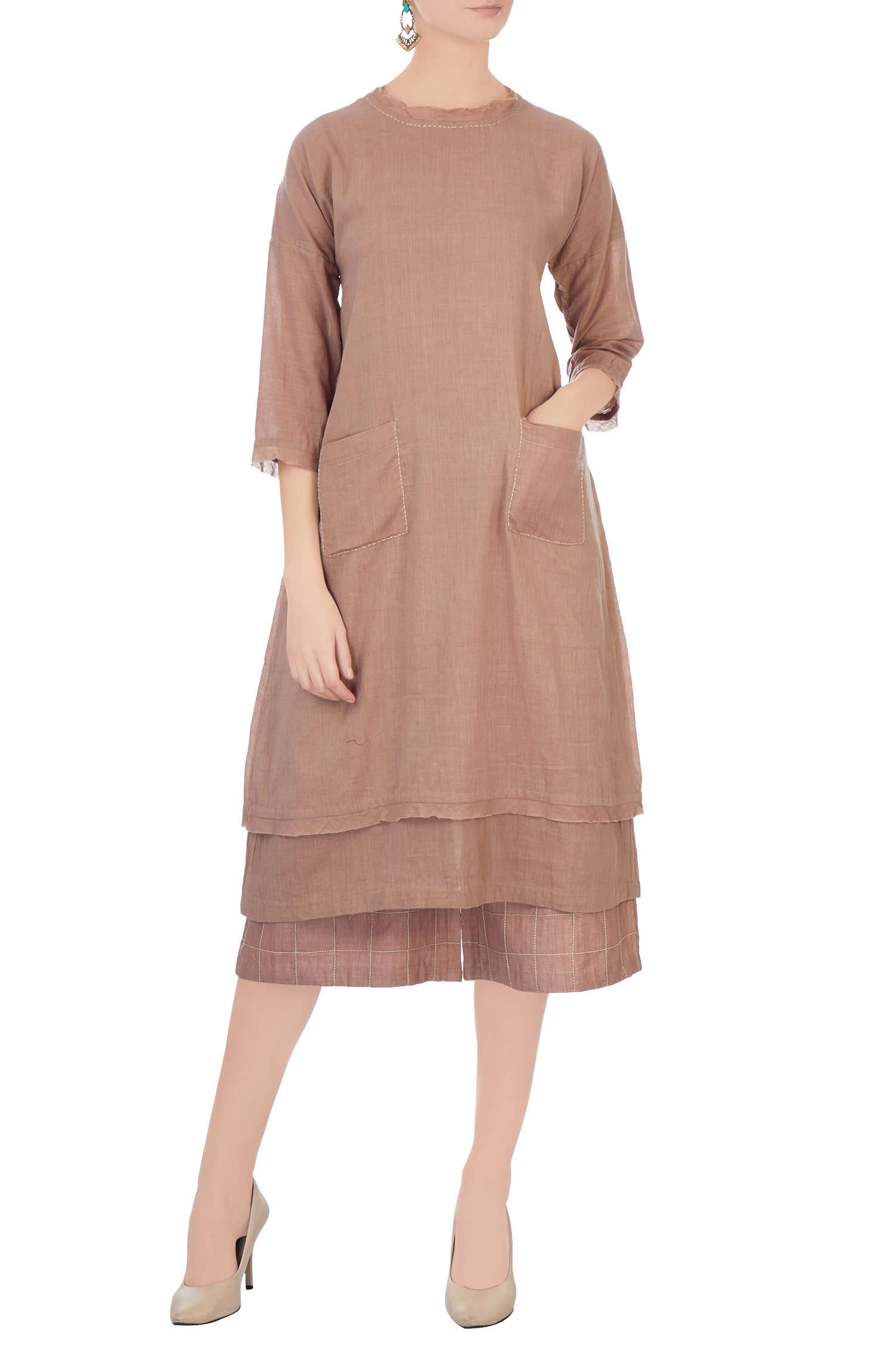 Chambray & Co. Beige Linen Embroidered Checks Chequered Cullotes For Women