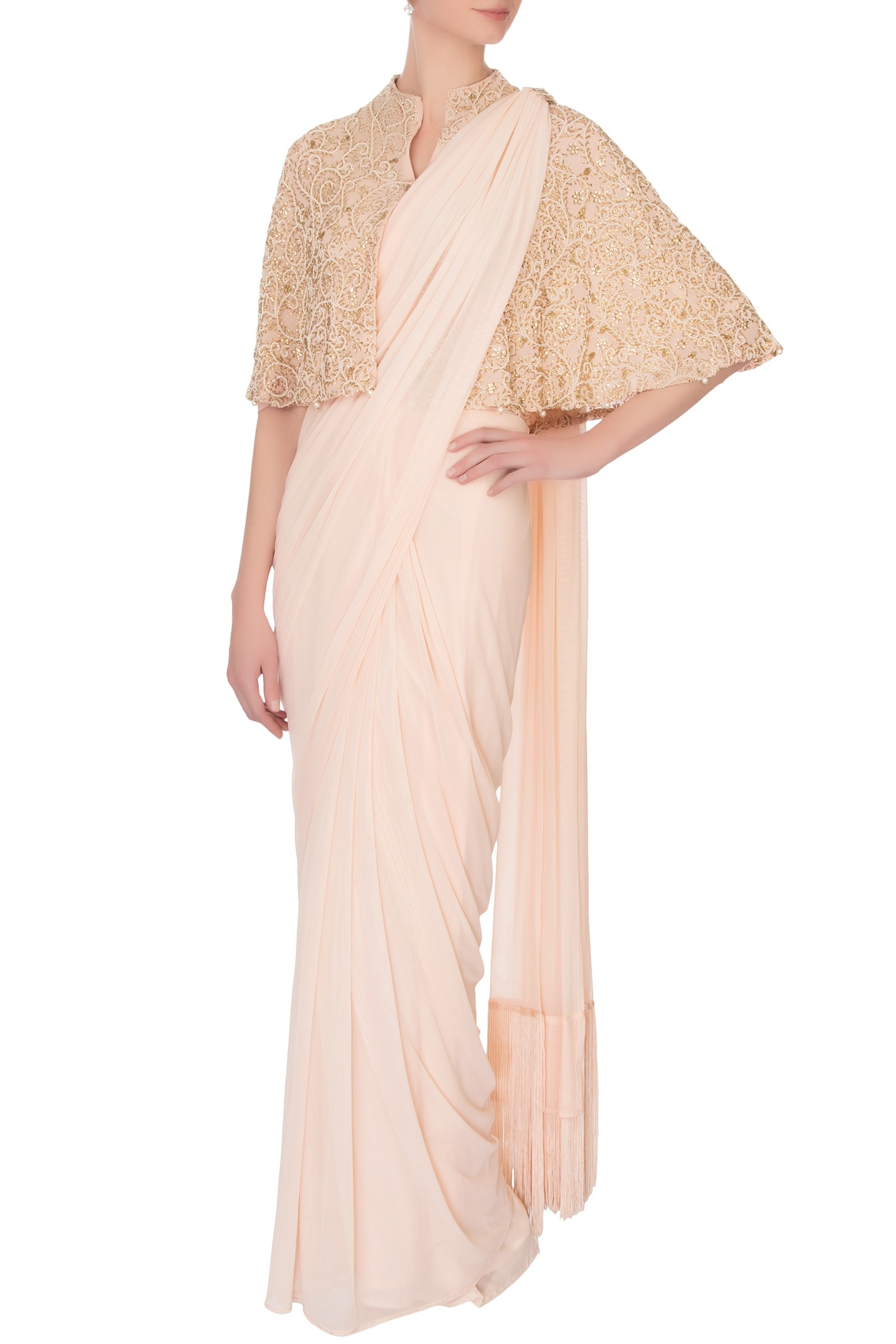 Pooja Rajpal Jaggi Pink Blouse: Square; Cape: Mandarin Collar Embroidered With Saree For Women