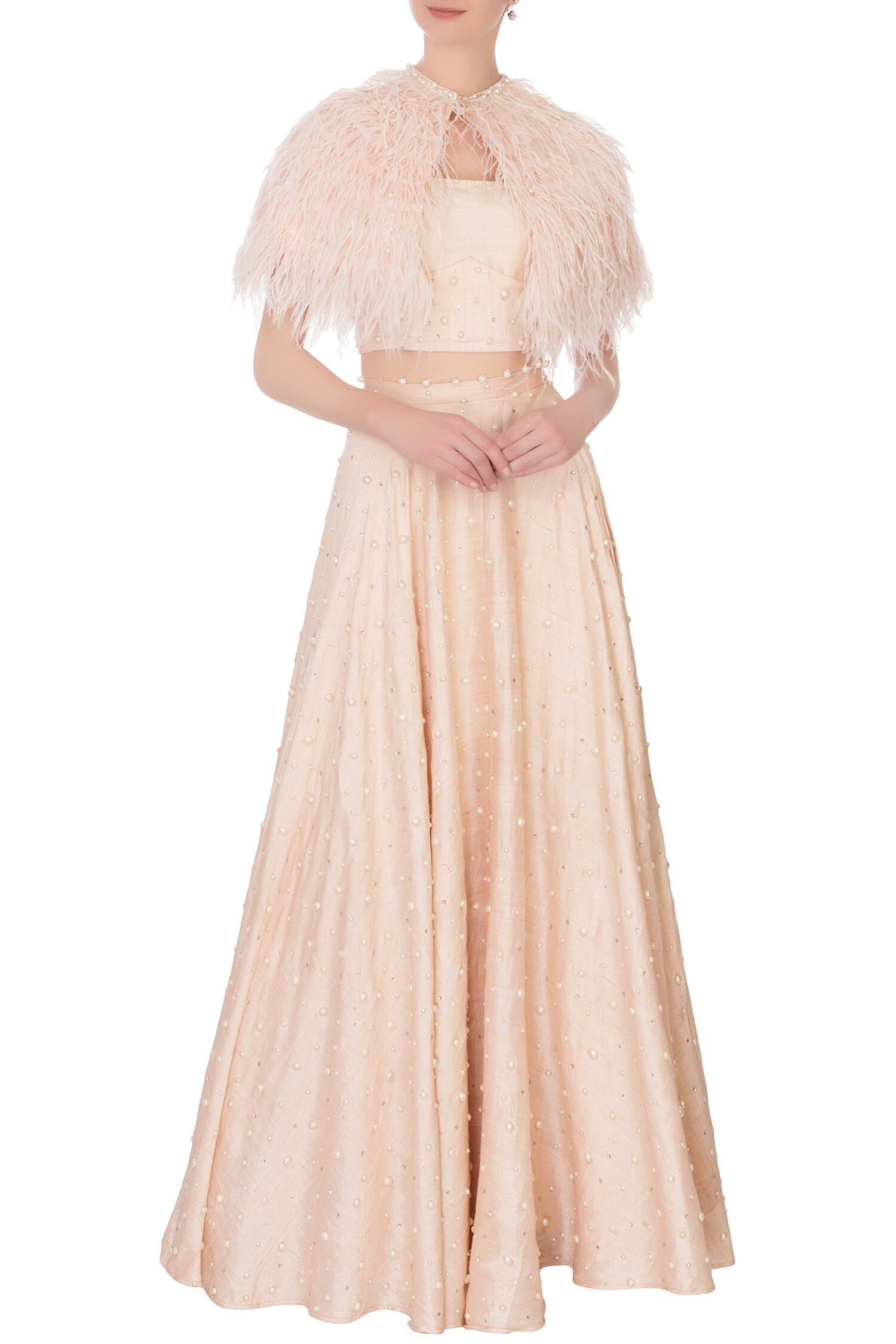 Pooja Rajpal Jaggi Pink U Neck Feather Cape And Lehenga Set For Women