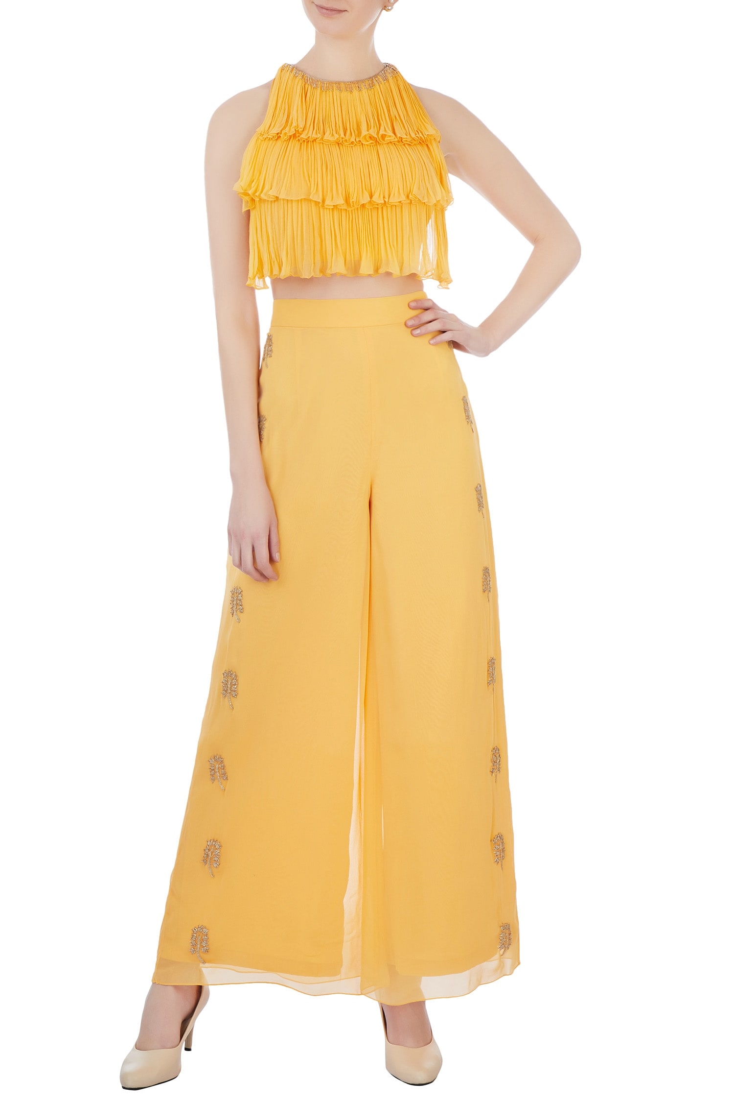 Shruti Ranka Yellow Georgette Embroidered Cutdana Stones Crop Top And Palazzo Set For Women