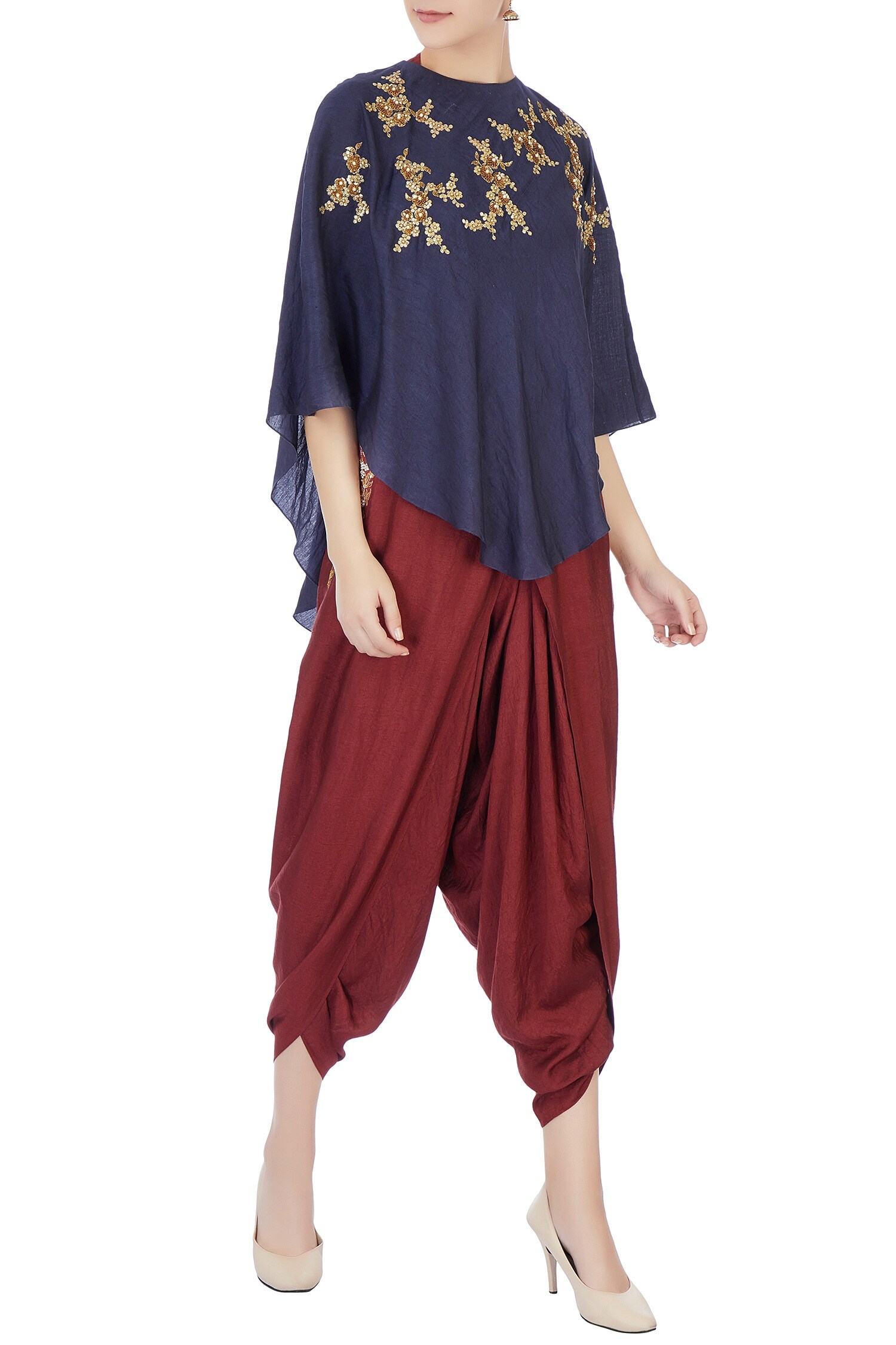 Joy Mitra Red Blouse: Halter Silk Cape And Dhoti Pant Set For Women