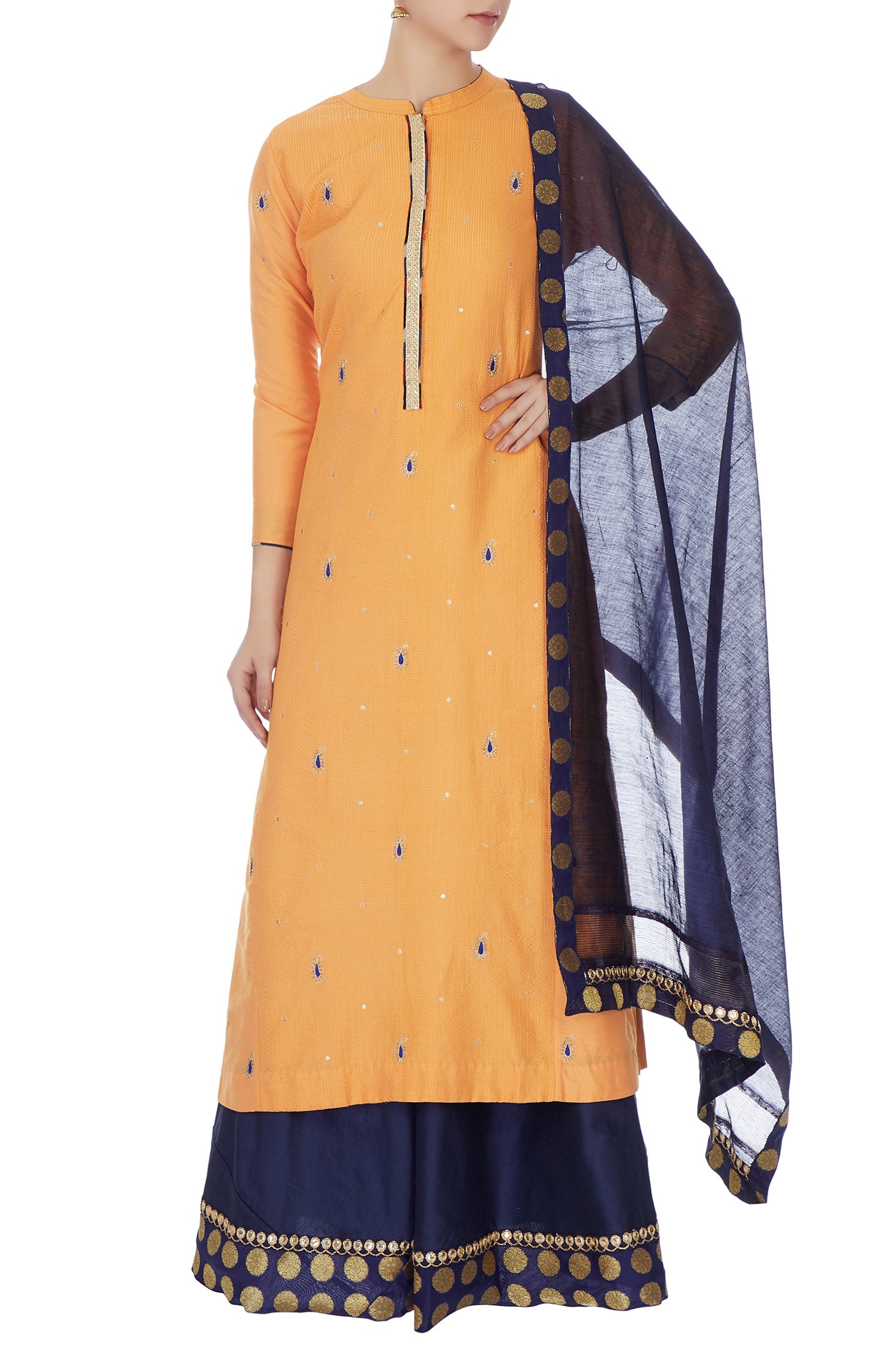 Manasi Sengupta Yellow Cotton Silk Embroidered Mandarin Collar Kurta Lehenga Set For Women