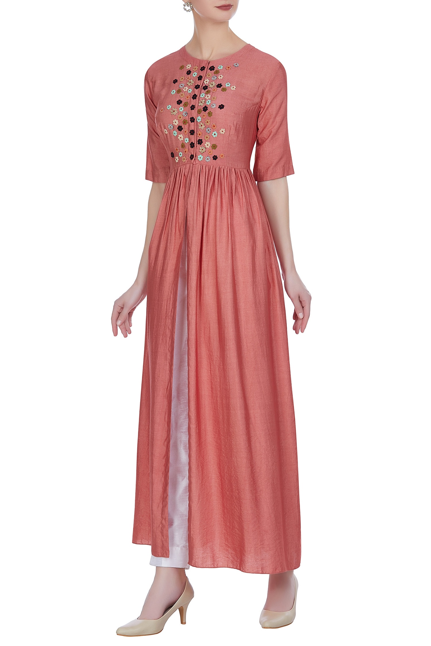 Buy Joy Mitra Peach Front Slit Tunic With Button Placket Online | Aza ...