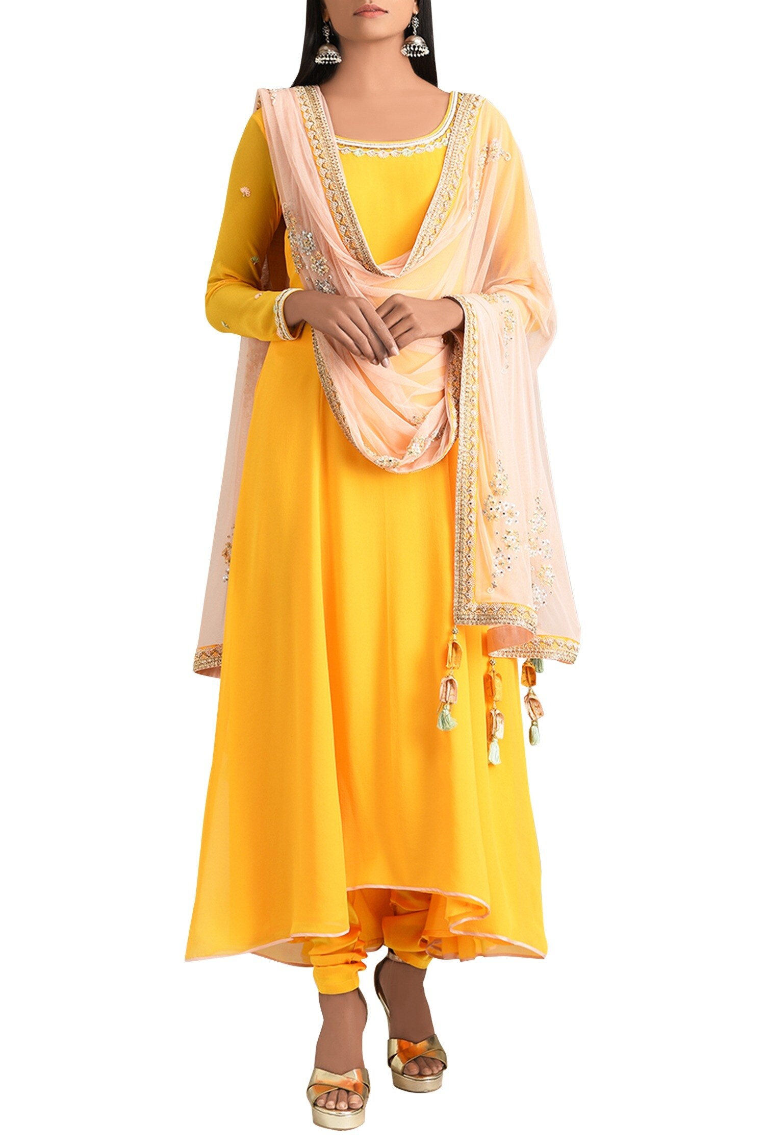 MADZIN Yellow Round Embroidered Anarkali Set For Women