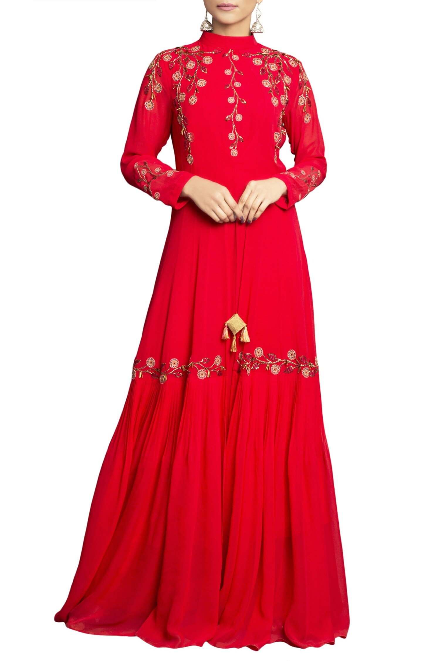 Priyam Narayan Red Pure Georgette Embroidered Round Kurta And Palazzo Set For Women