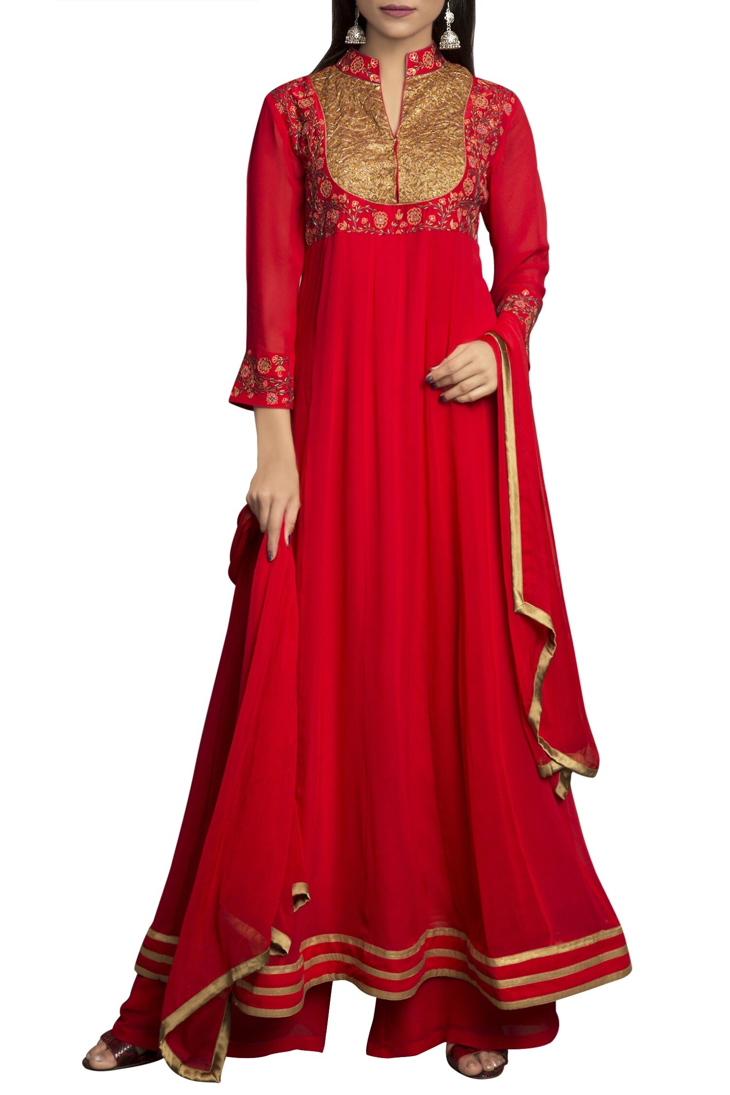 Priyam Narayan Red Mandarin Collar Embroidered Anarkali Set For Women