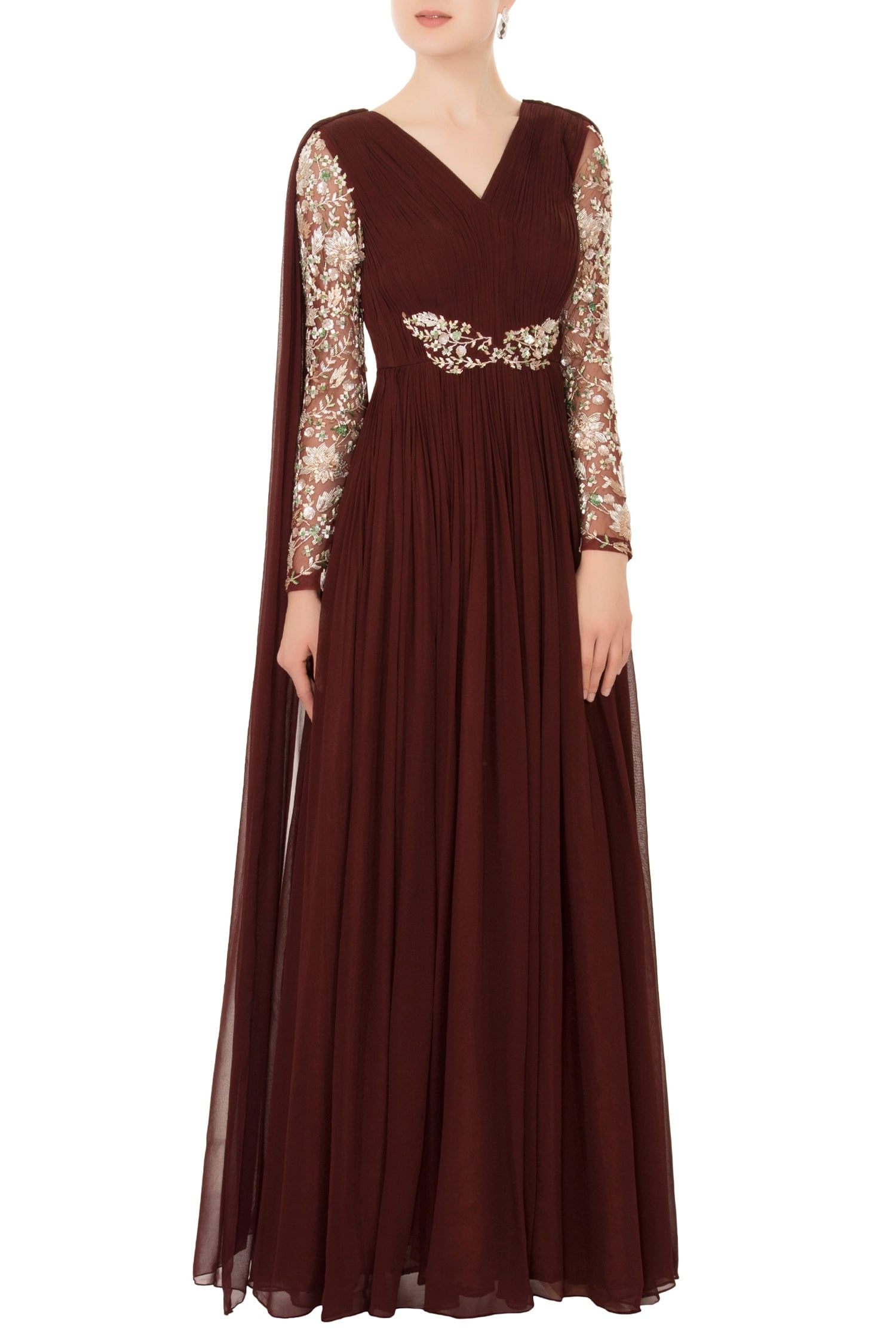 Mani Bhatia Brown V Neck Embroidered Draped Anarkali Gown For Women
