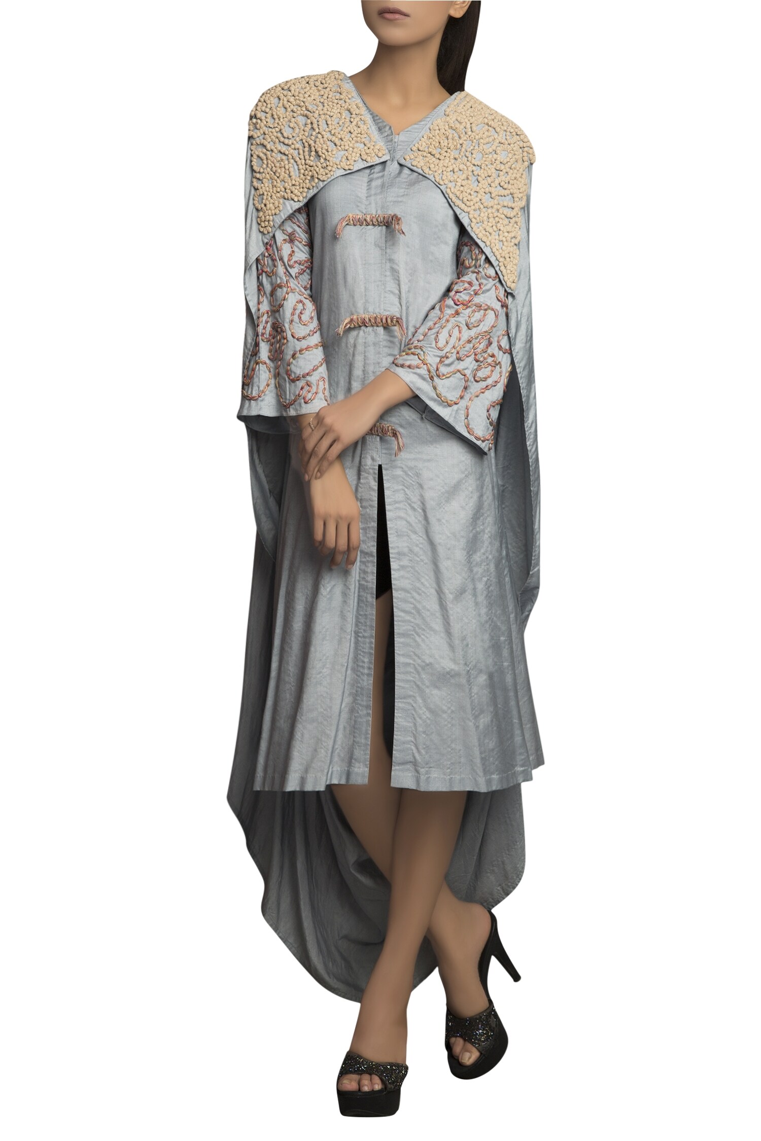 Priyam Narayan Grey Pure Handloom Embroidered Draped Dress For Women