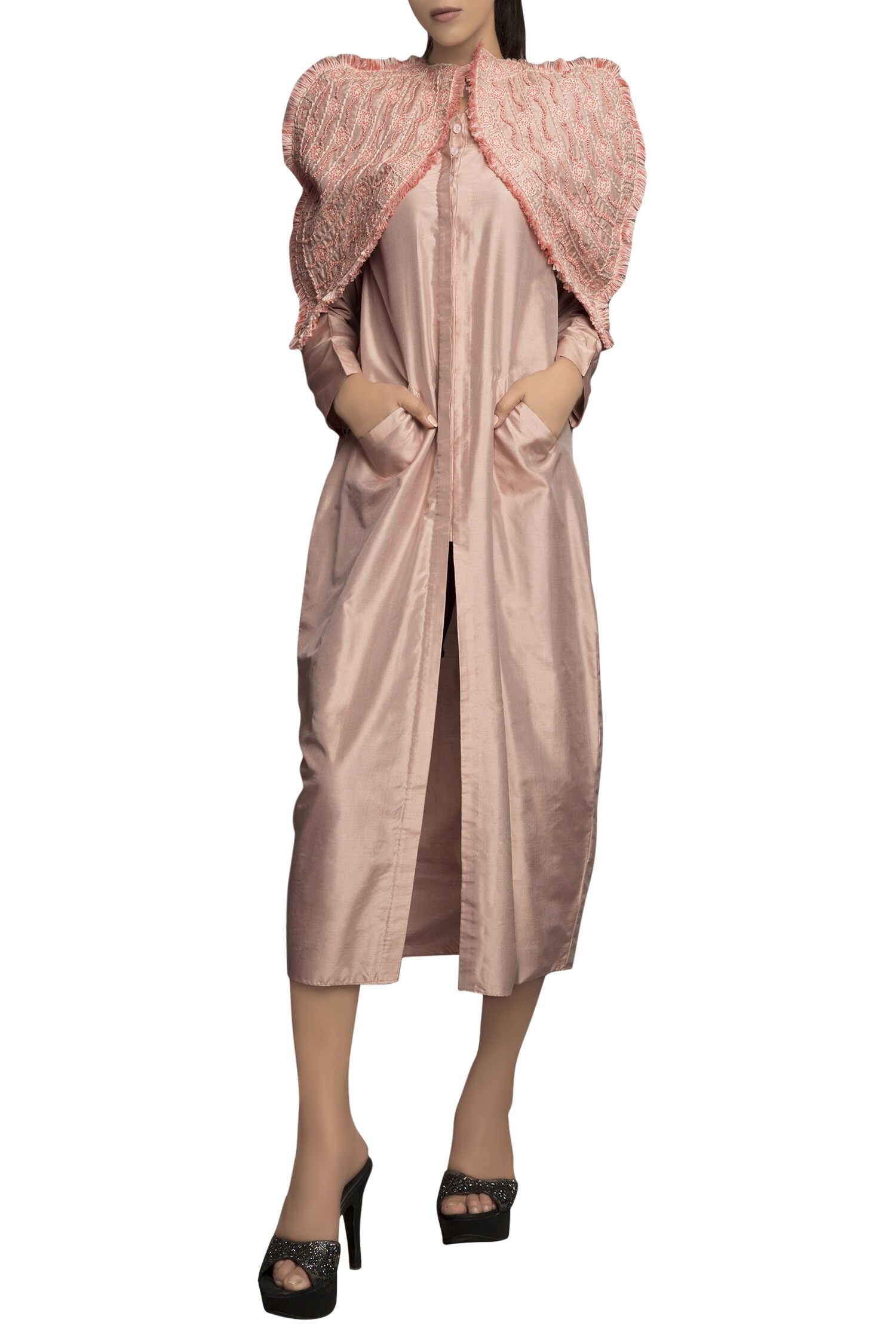 Priyam Narayan Pink Pure Silk Embroidered Cape And Dress
