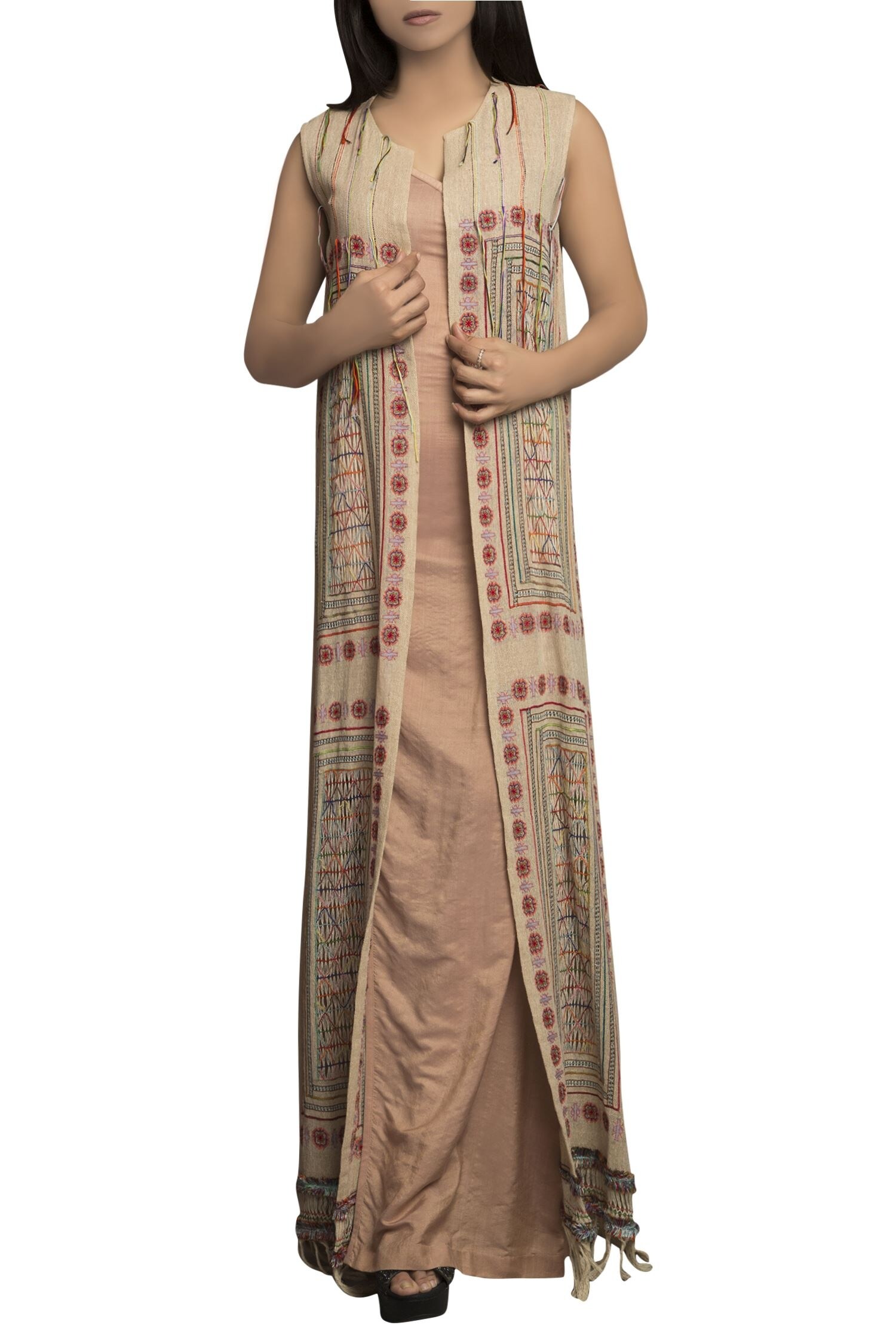 Buy Beige Round Handloom Dress With Jacket For Women by Priyam Narayan