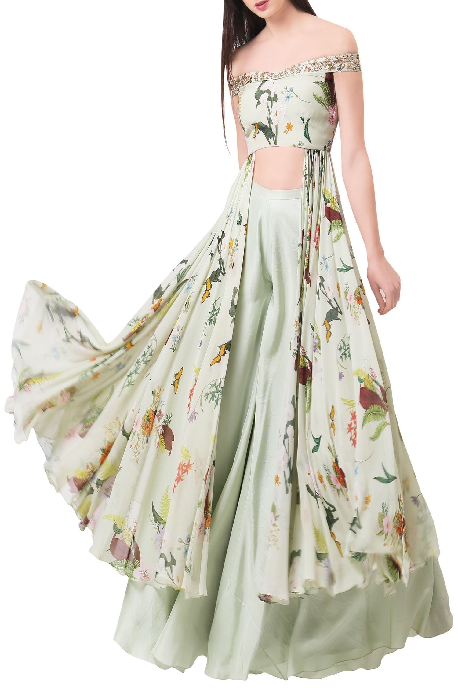 Mahima Mahajan Green Georgette Printed Top And Palazzo Set