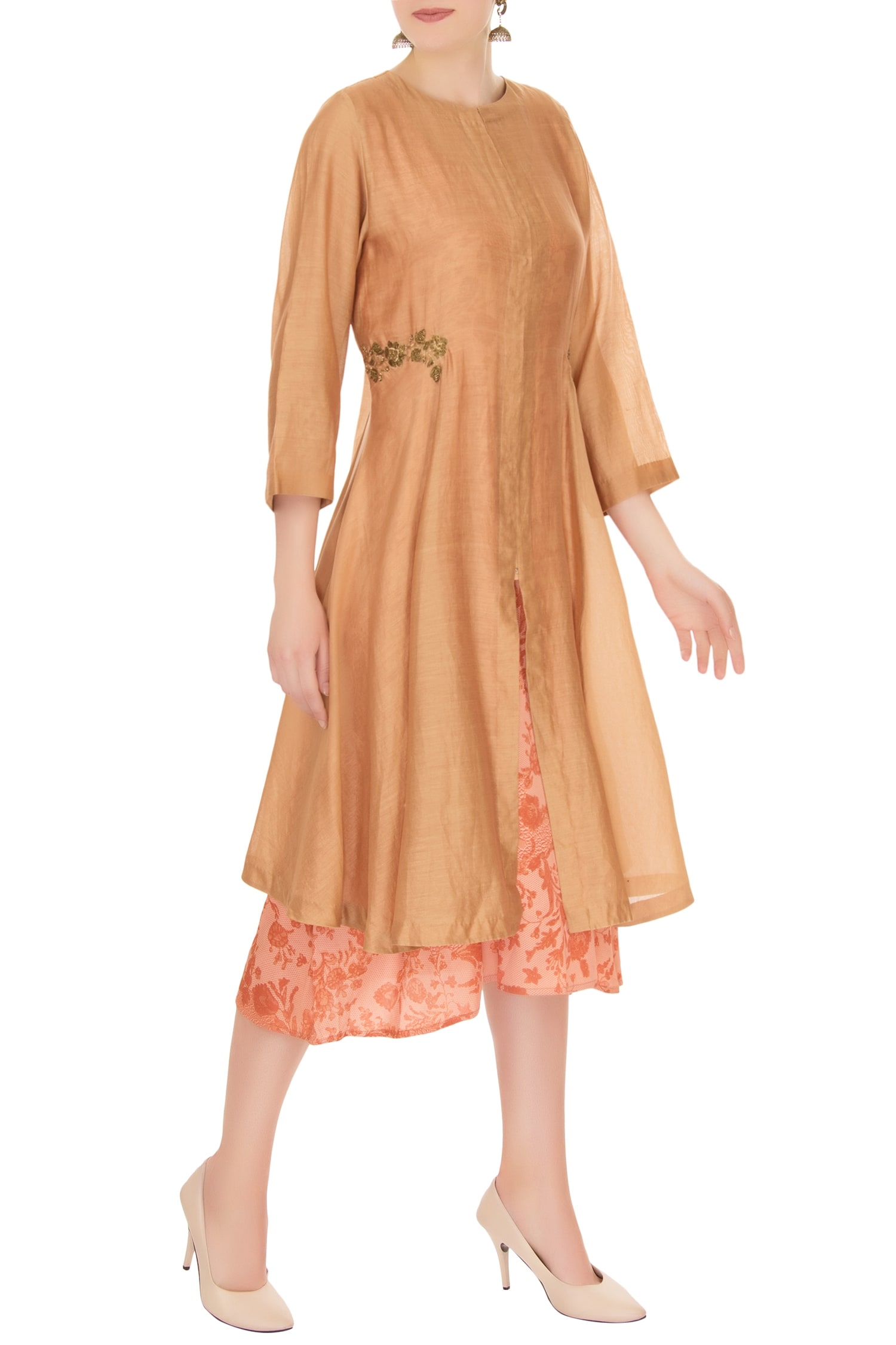Natasha J Beige Chanderi Jacket With Dress