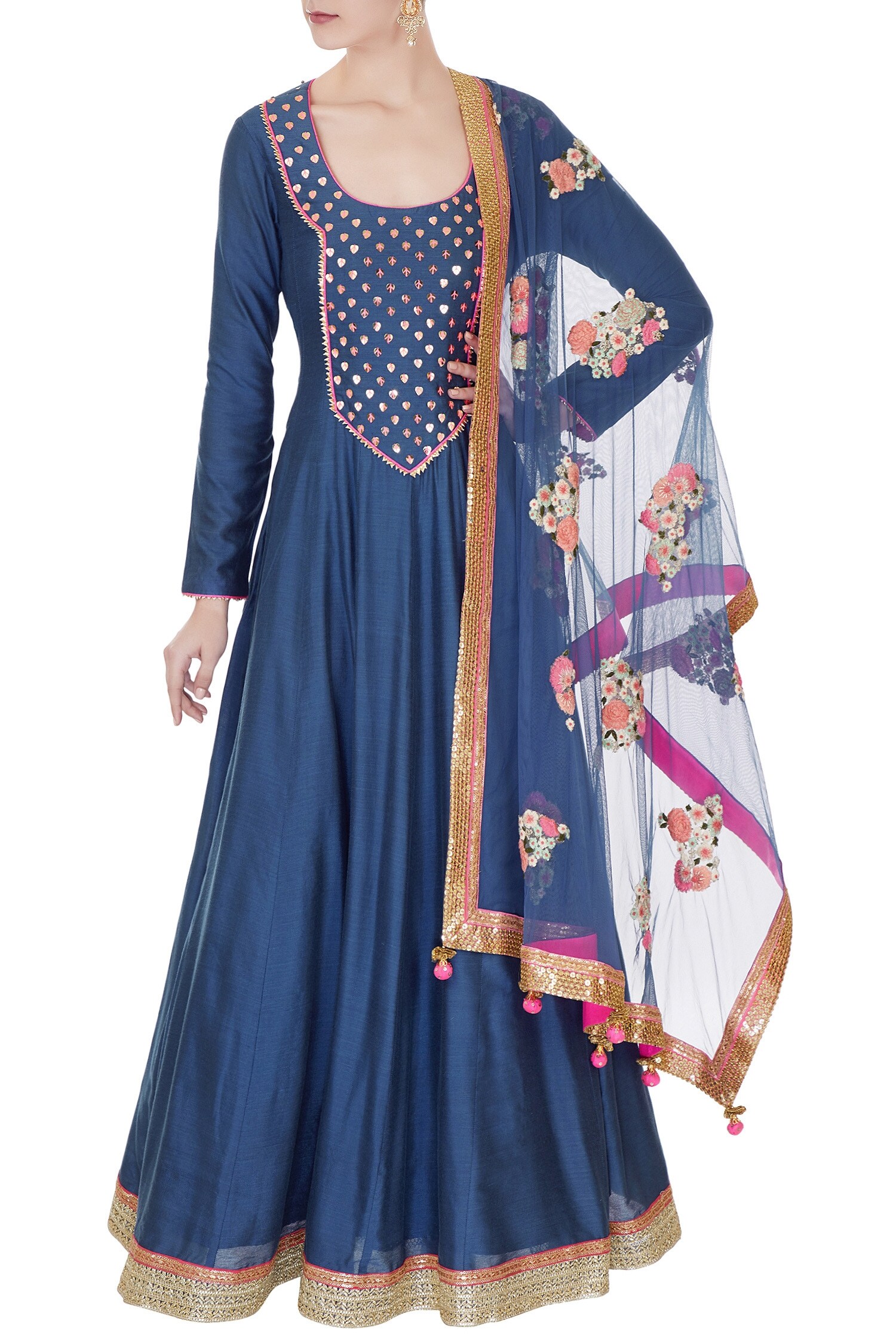 Avnni Kapur Blue Kattana Silk Embroidered Thread Work Scoop Anarkali With Dupatta For Women