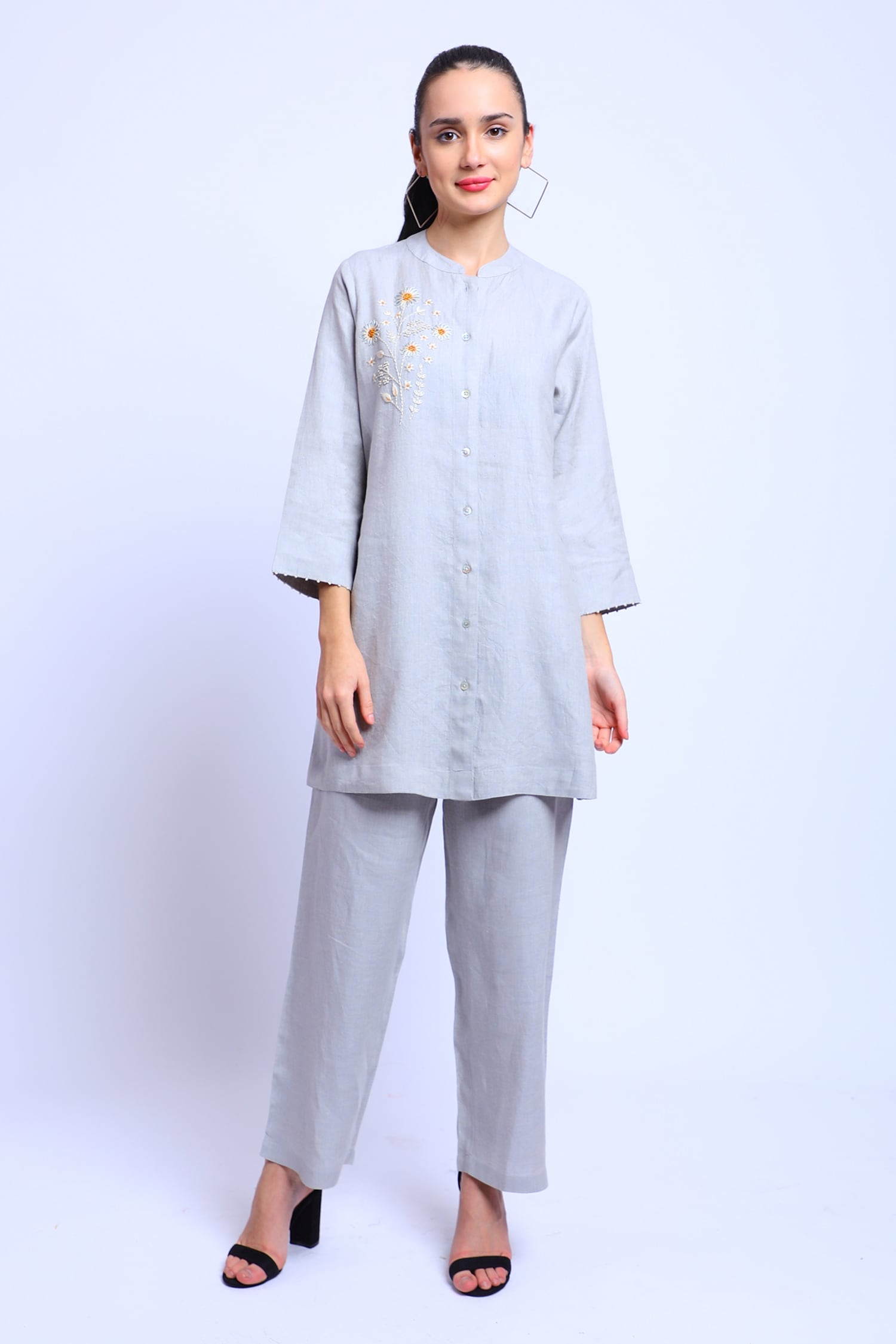 Linen Bloom Grey Linen Embroidered Tunic