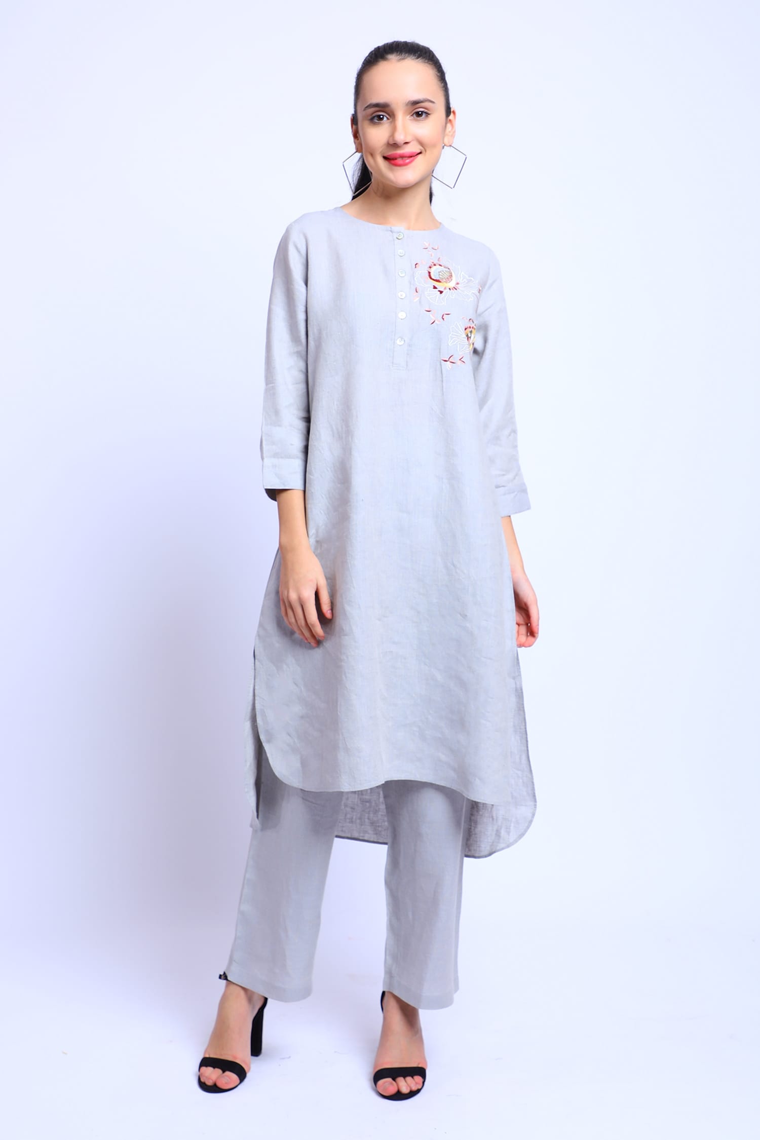 Linen Bloom Grey Linen Embroidered Asymmetric Tunic