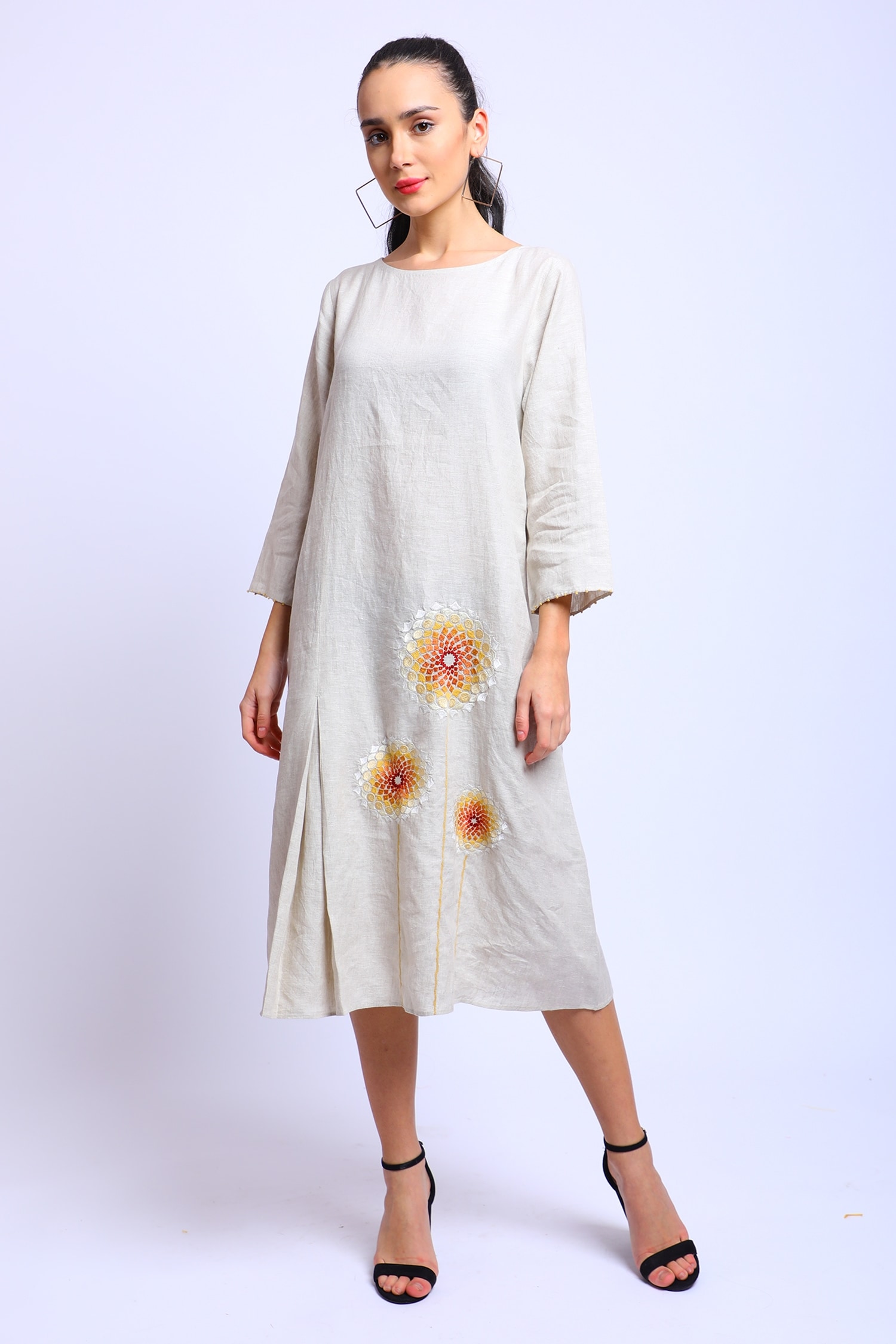 Buy Linen Bloom Beige Linen Floral Embroidered Kurti Online | Aza Fashions