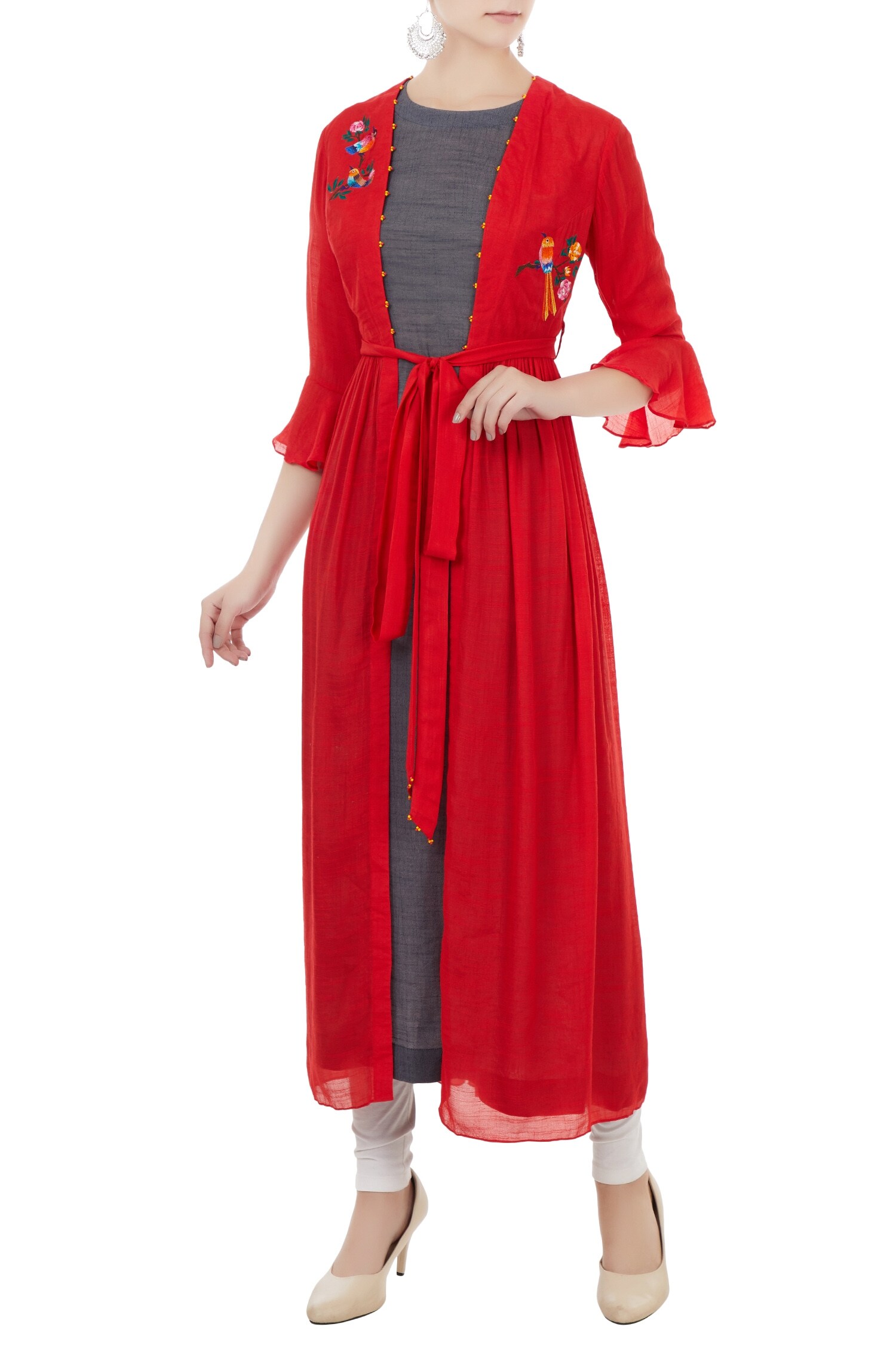 Desert Shine by Sulochana Jangir Red Linen Silk Embroidered Bird Motifs Sleeveless Kurta With Jacket For Women