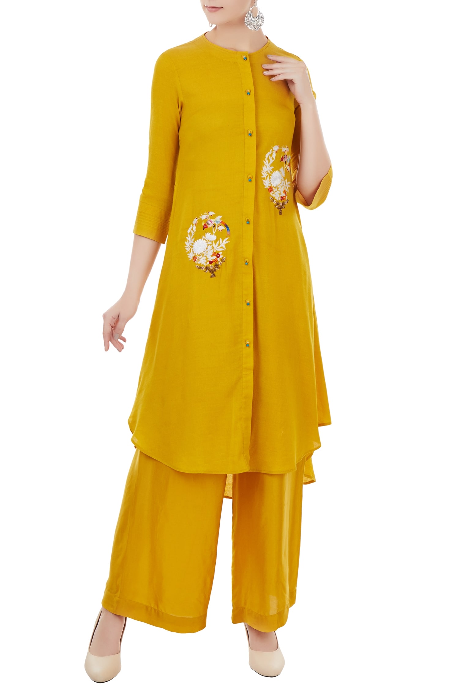 Desert Shine by Sulochana Jangir Yellow Round Linen Georgette Kurta And Pant Set For Women
