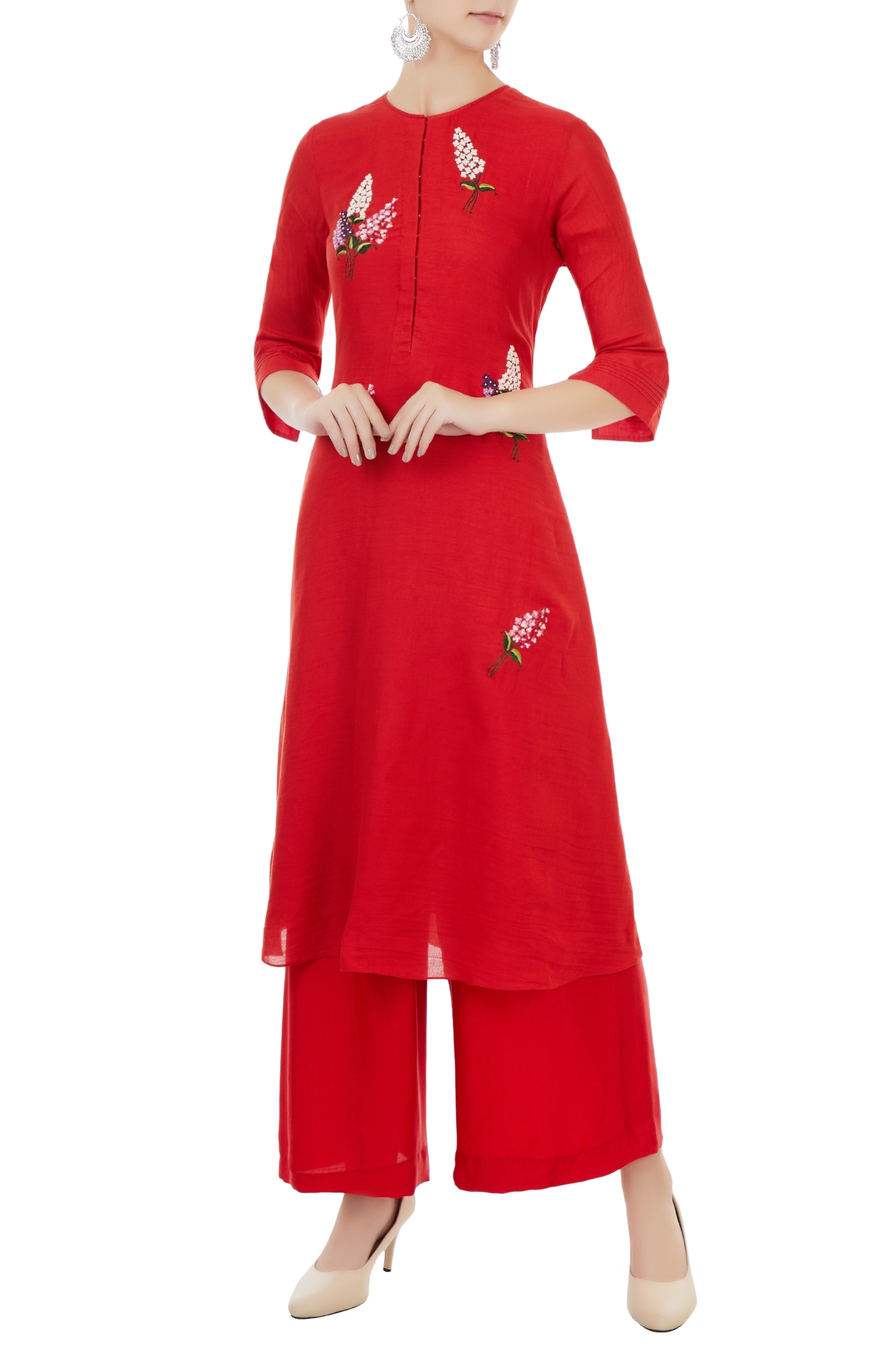 Desert Shine by Sulochana Jangir Red Linen Georgette Embroidered Floral Motifs Kurta And Palazzo Set For Women