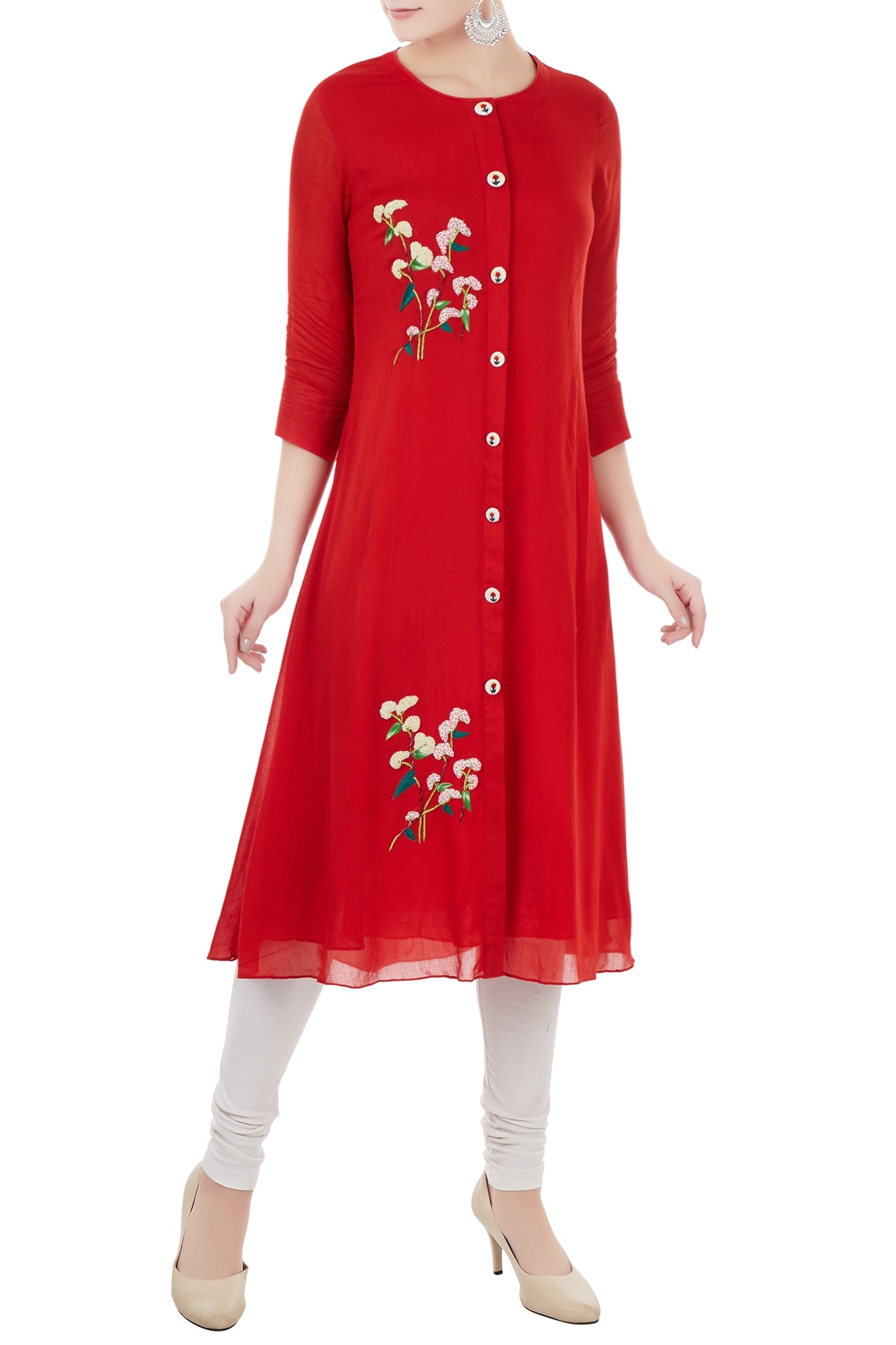 Desert Shine by Sulochana Jangir Red Linen Georgette Embroidered Floral Jewel Neck Kurta For Women