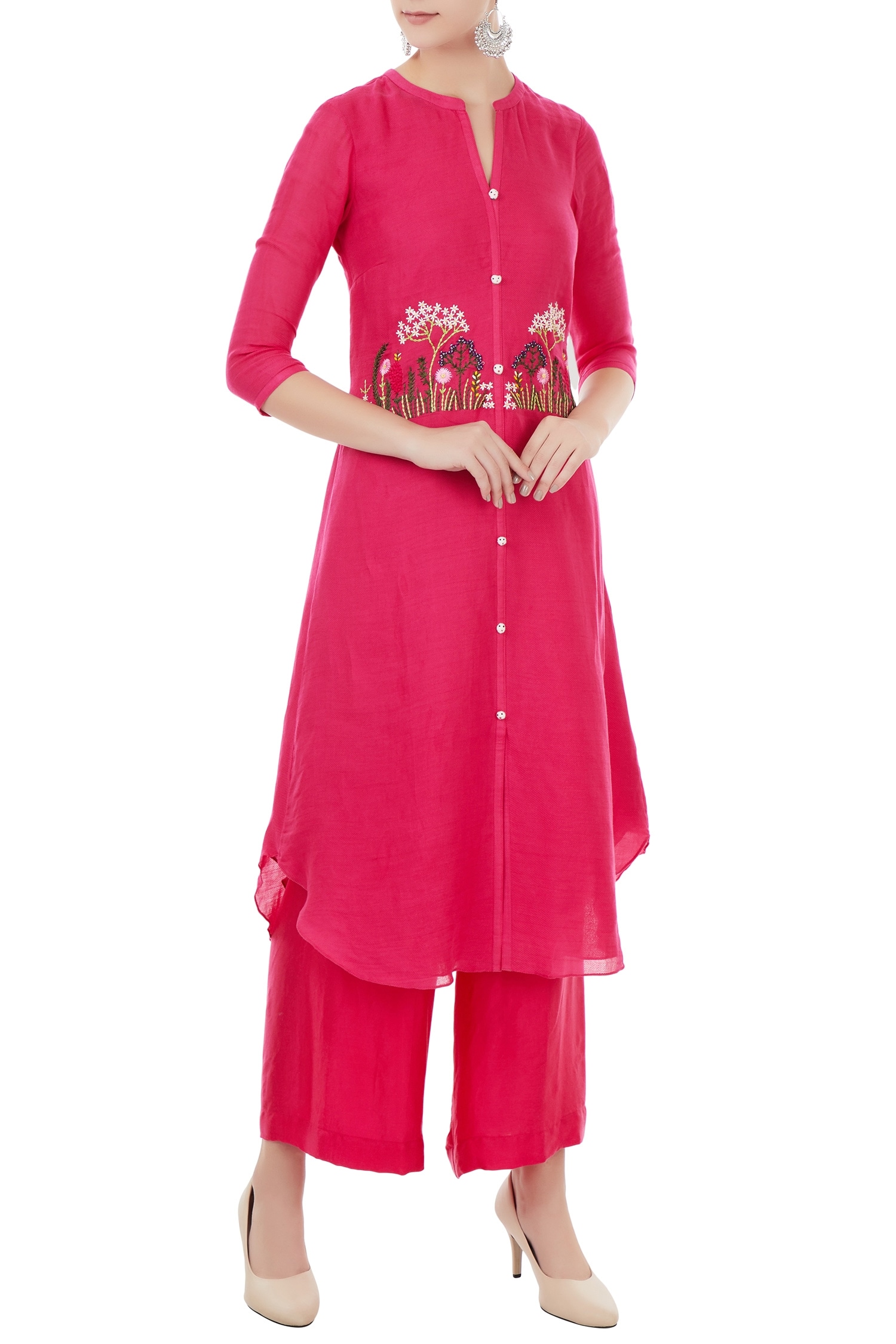 Desert Shine by Sulochana Jangir Pink Linen Georgette Asymmetric Embroidered Kurta And Palazzo Set