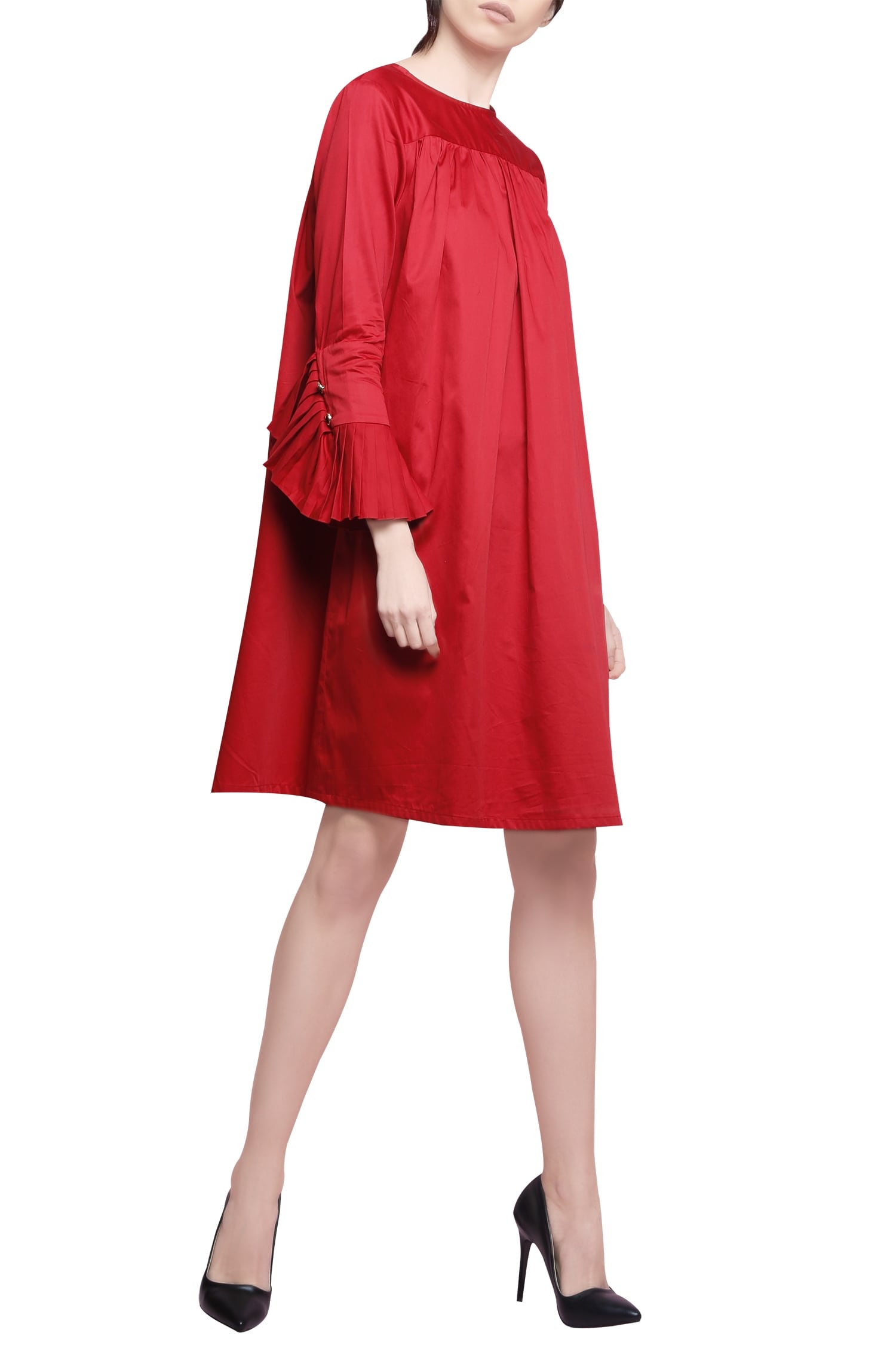 Manika Nanda Red Cotton Satin Round Flared Dress For Women