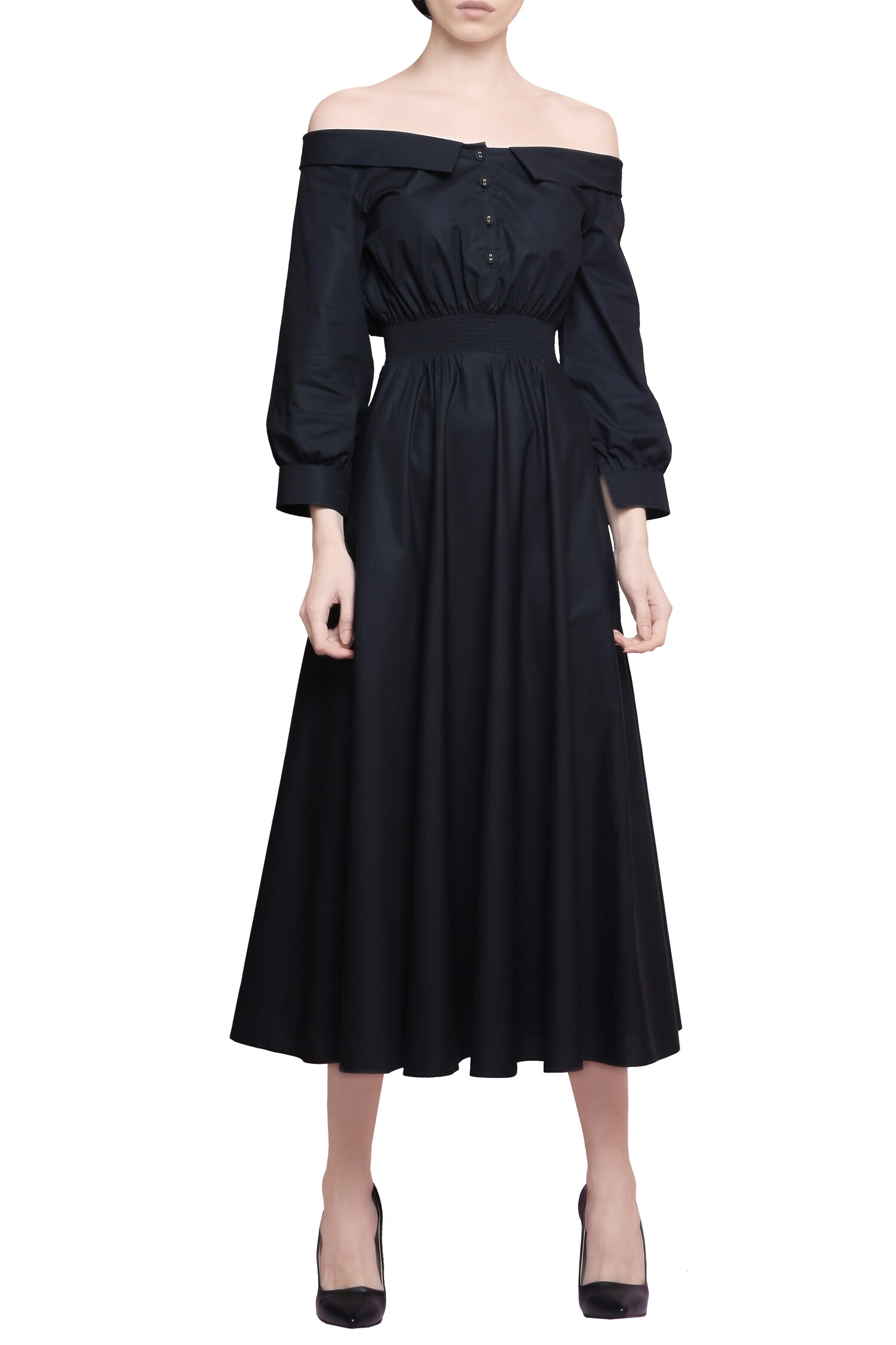 Buy Manika Nanda Black Off Shoulder Midi Dress Online | Aza Fashions