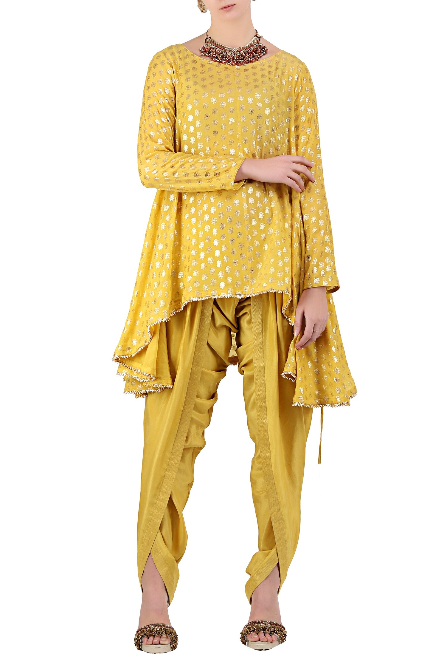 Nikasha Yellow Asymmetric Kurta And Dhoti Pant Set
