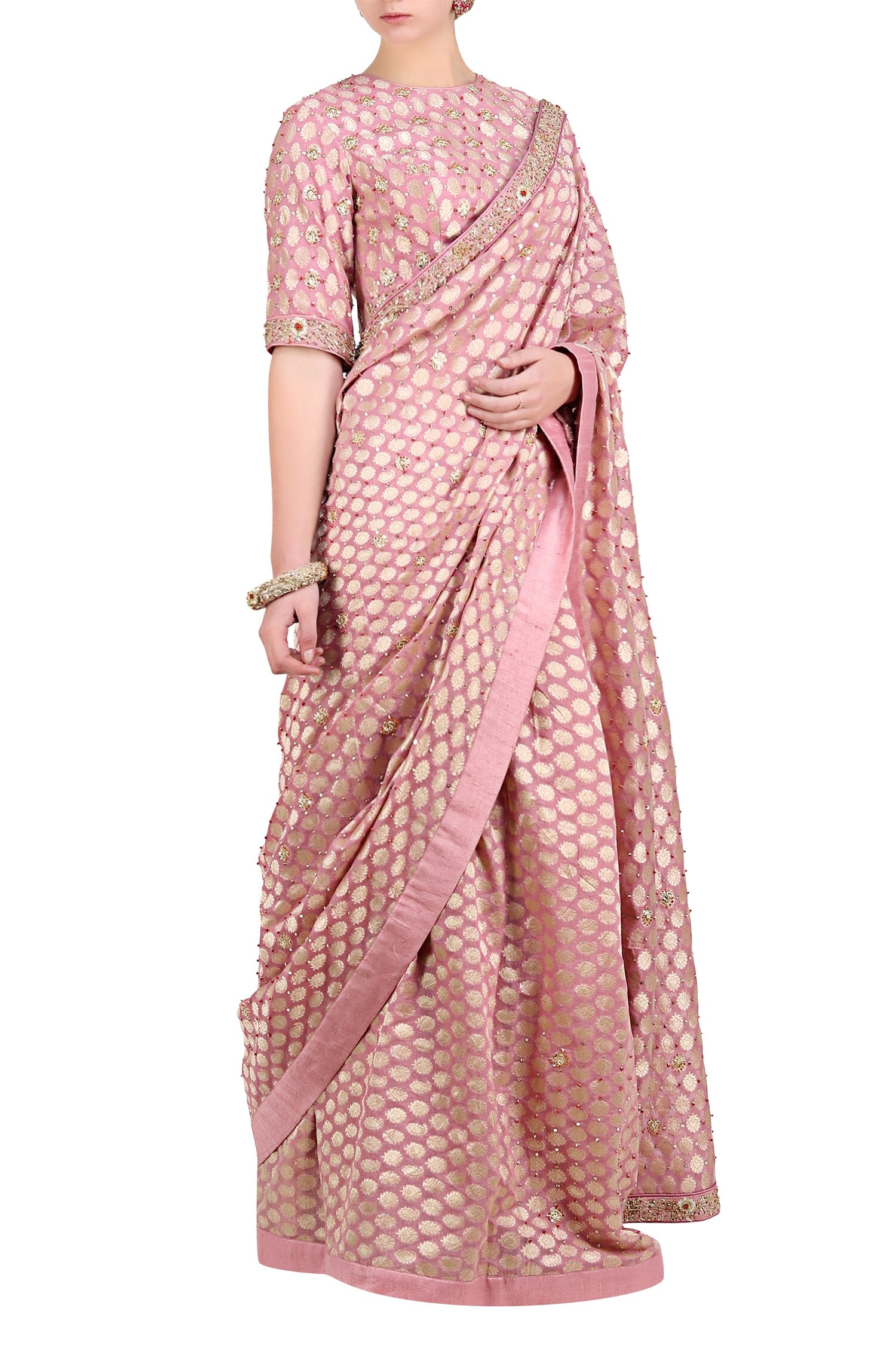 Nikasha Pink Round Chanderi Brocade Saree With Blouse For Women