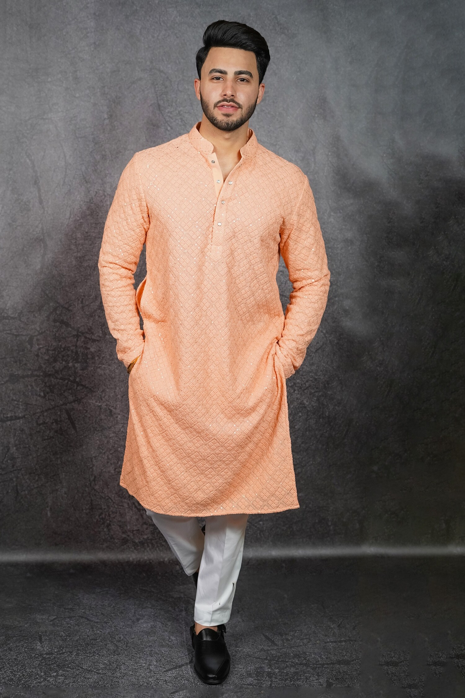 Buy Peach Georgette Embroidered Sequins Kurta For Men by Kasbah Online ...