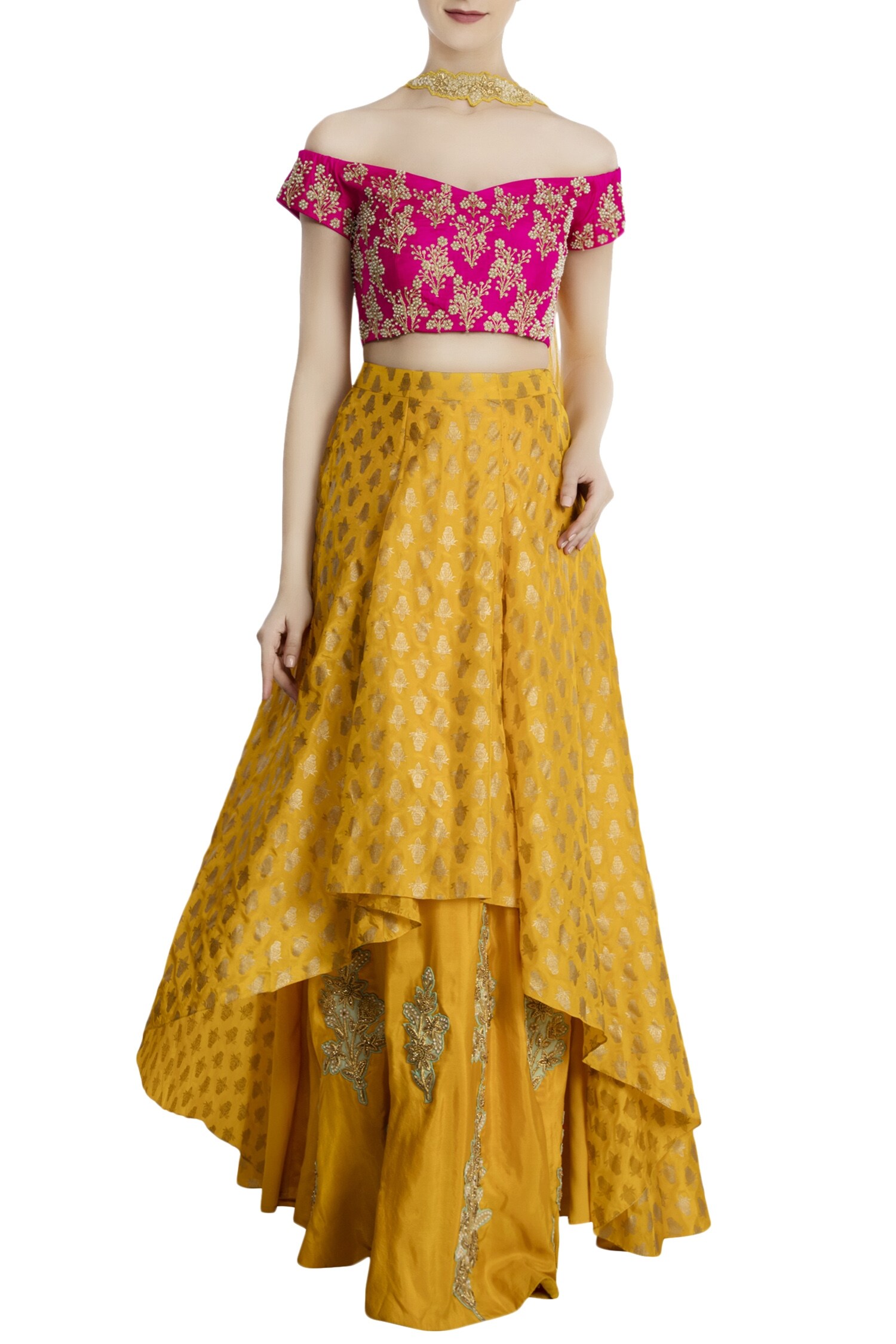 Buy Yellow & pink silk & net kalash high-low lehenga with blouse ...