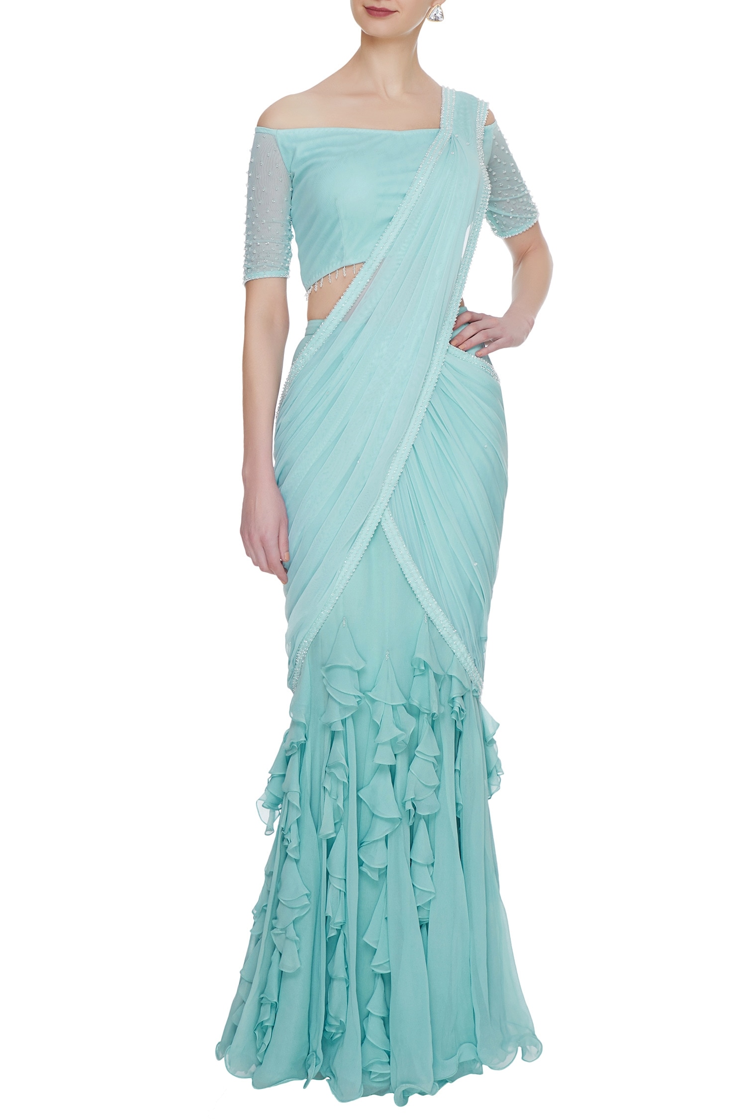 ARPAN VOHRA Blue Georgette Bardot Pre-draped Lehenga Saree With Blouse For Women