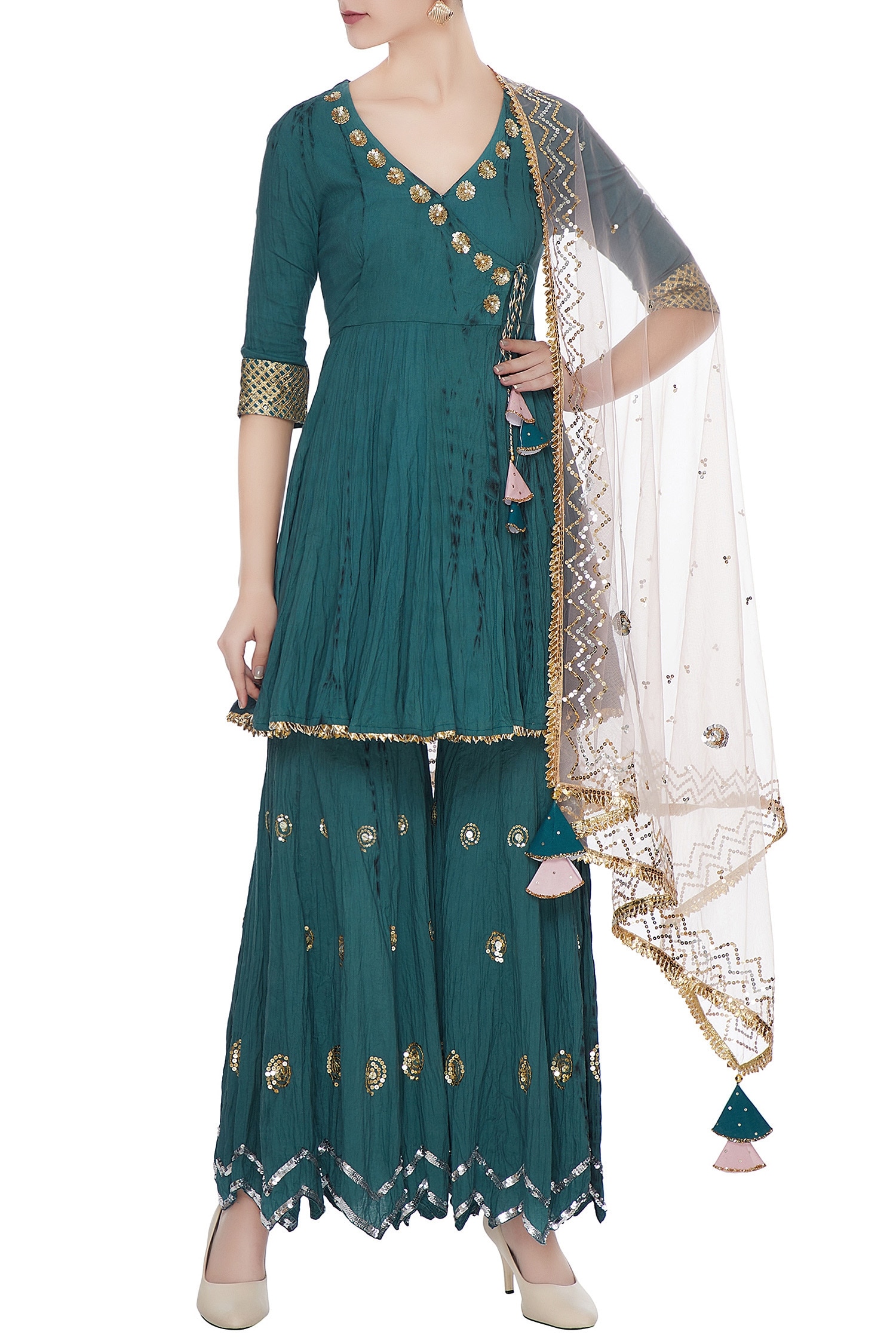 Priyanka Singh Green Teal Organic Cotton Gota And Sequin Work Kurta With Gharara And Dupatta