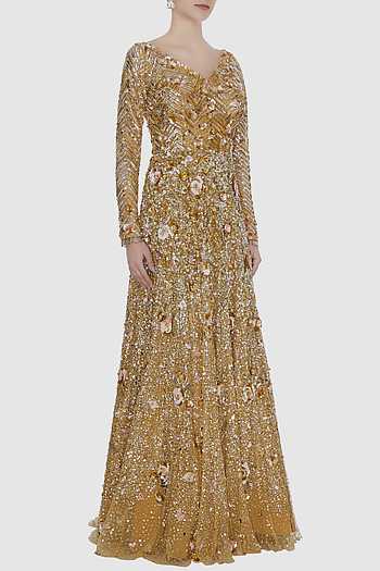 Net Embellished Golden Wedding Festival Anarkali Dress