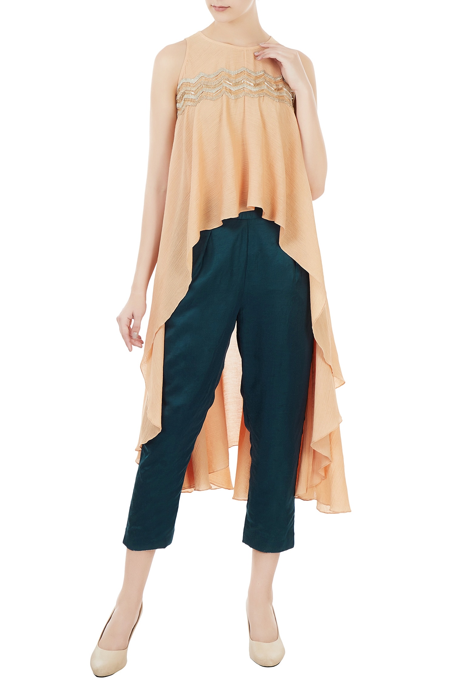 Shruti Ranka Peach Crinkled Cotton Chevron Round Asymmetric Cape And Cropped Pant Set For Women