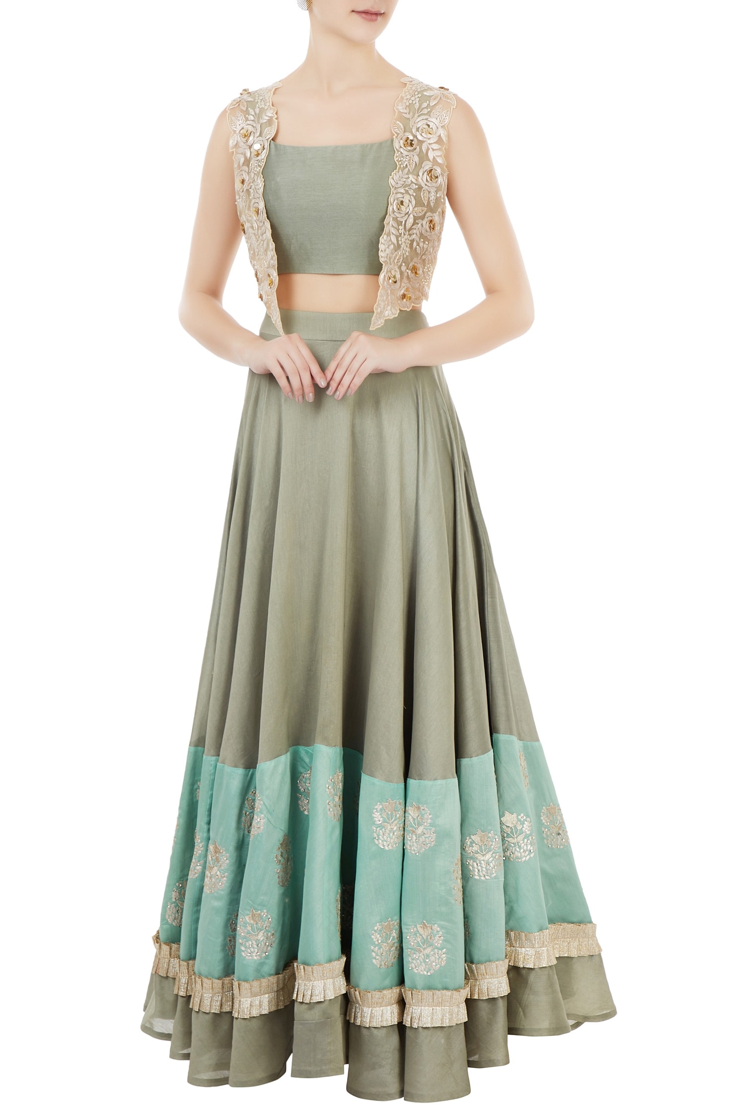 Buy Green Chanderi Embroidered Sequin Work Square Jacket And Lehenga ...
