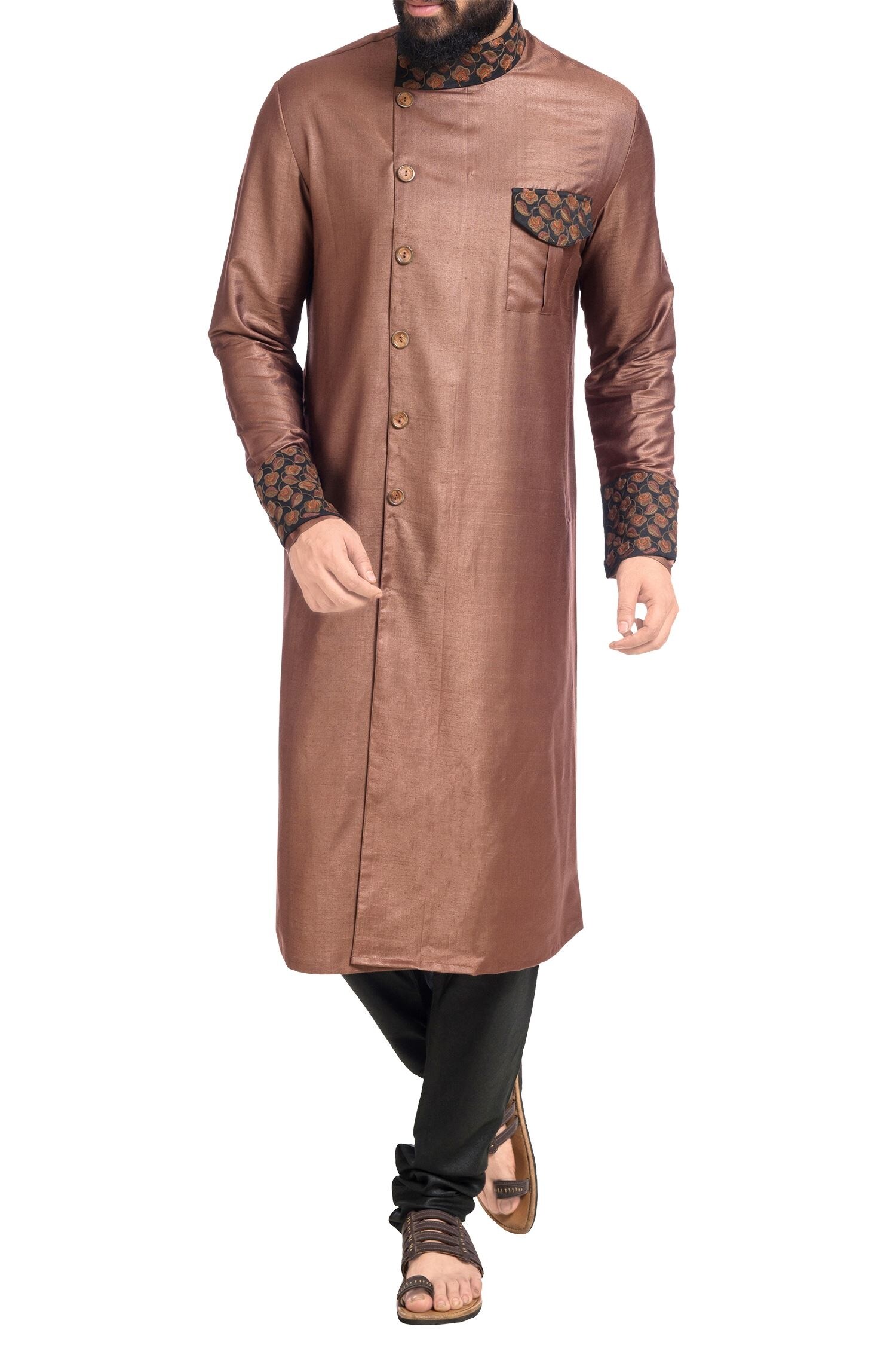 Buy Poonam Kasera Brown Muga Embroidered Kurta And Churidar Online