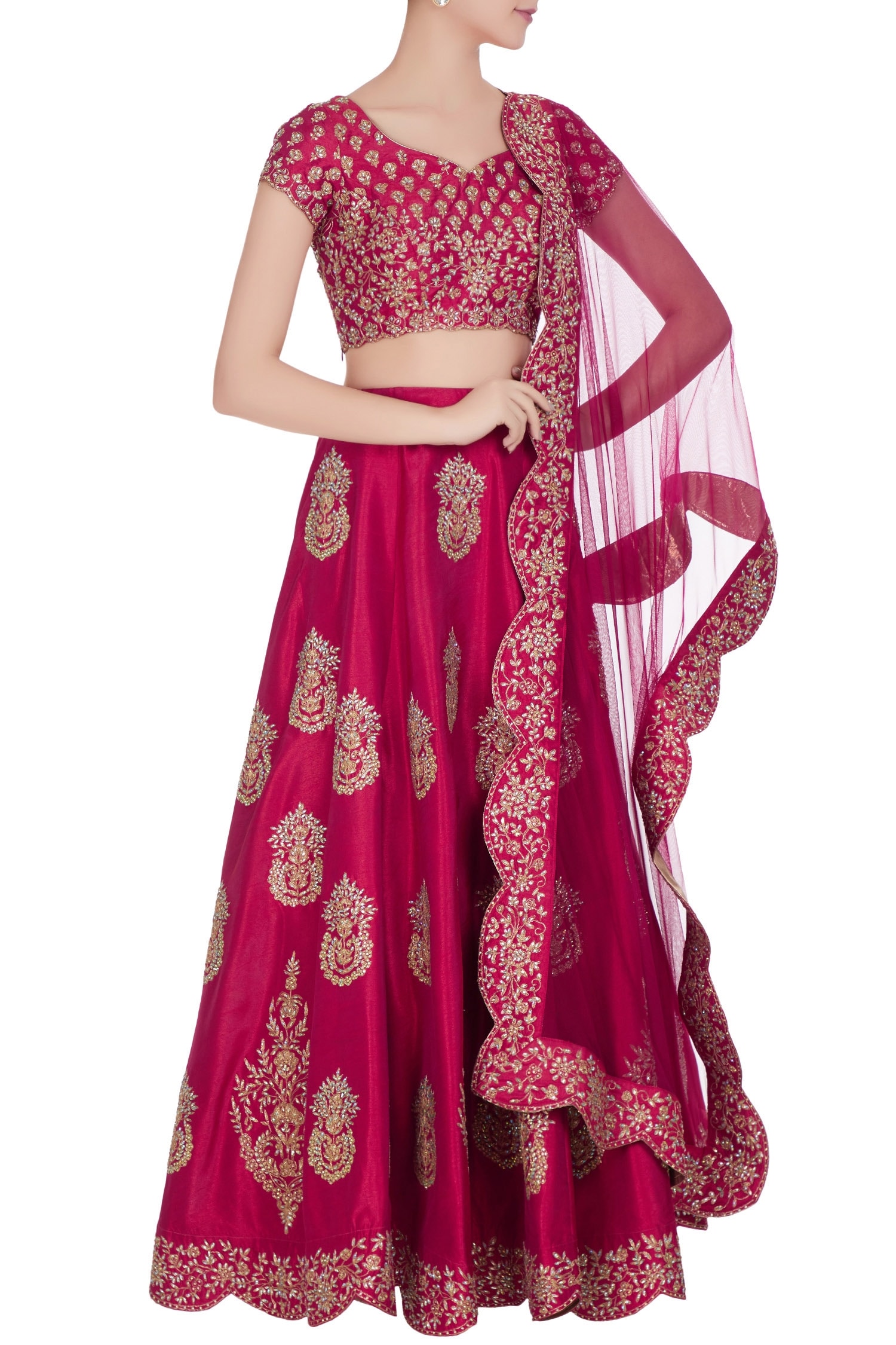 Buy Maroon Raw Silk Embroidered Zari Leaf Lehenga Set For Women By Vandana Sethi Online At Aza 1105