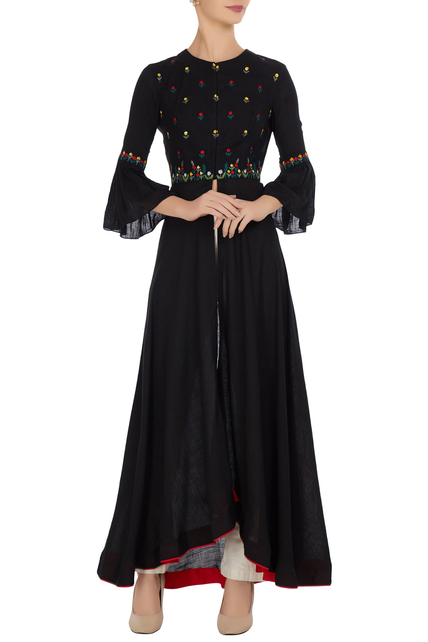 Desert Shine by Sulochana Jangir Black Floral Hand And Machine Embroidered Kurta With Center Slit For Women