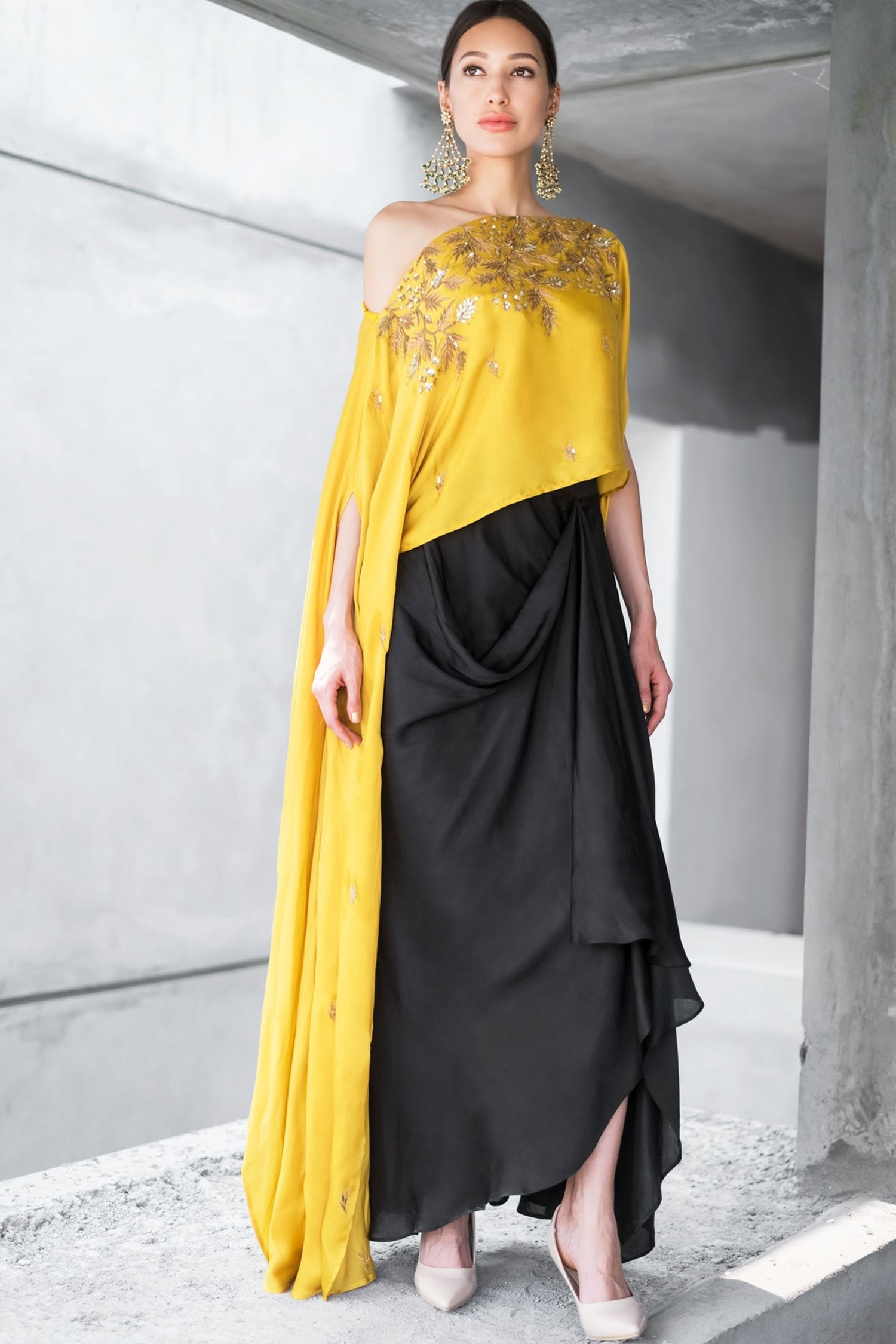 Buy Black One Shoulder Cape And Draped Skirt For Women by Prathyusha ...
