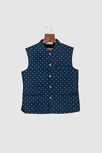 Minikin Blue Denim Printed Nehru Jacket 